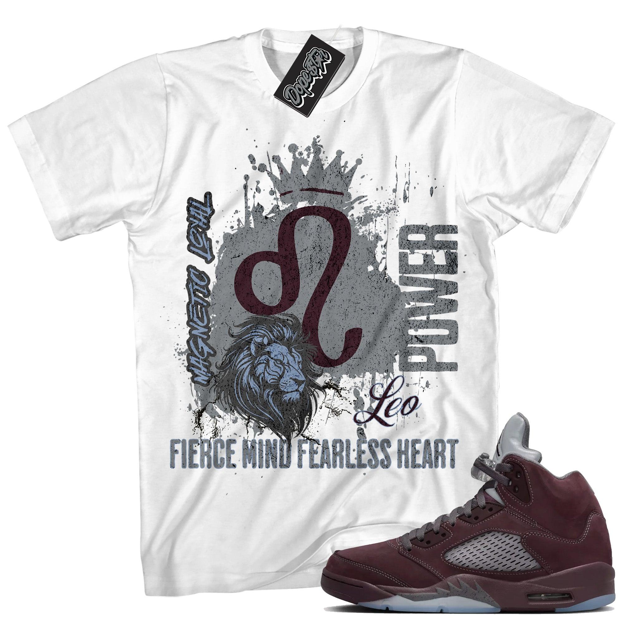 Cool White graphic tee with “ LEO ” print, that perfectly matches Air Jordan 5 Burgundy 2023 sneakers 