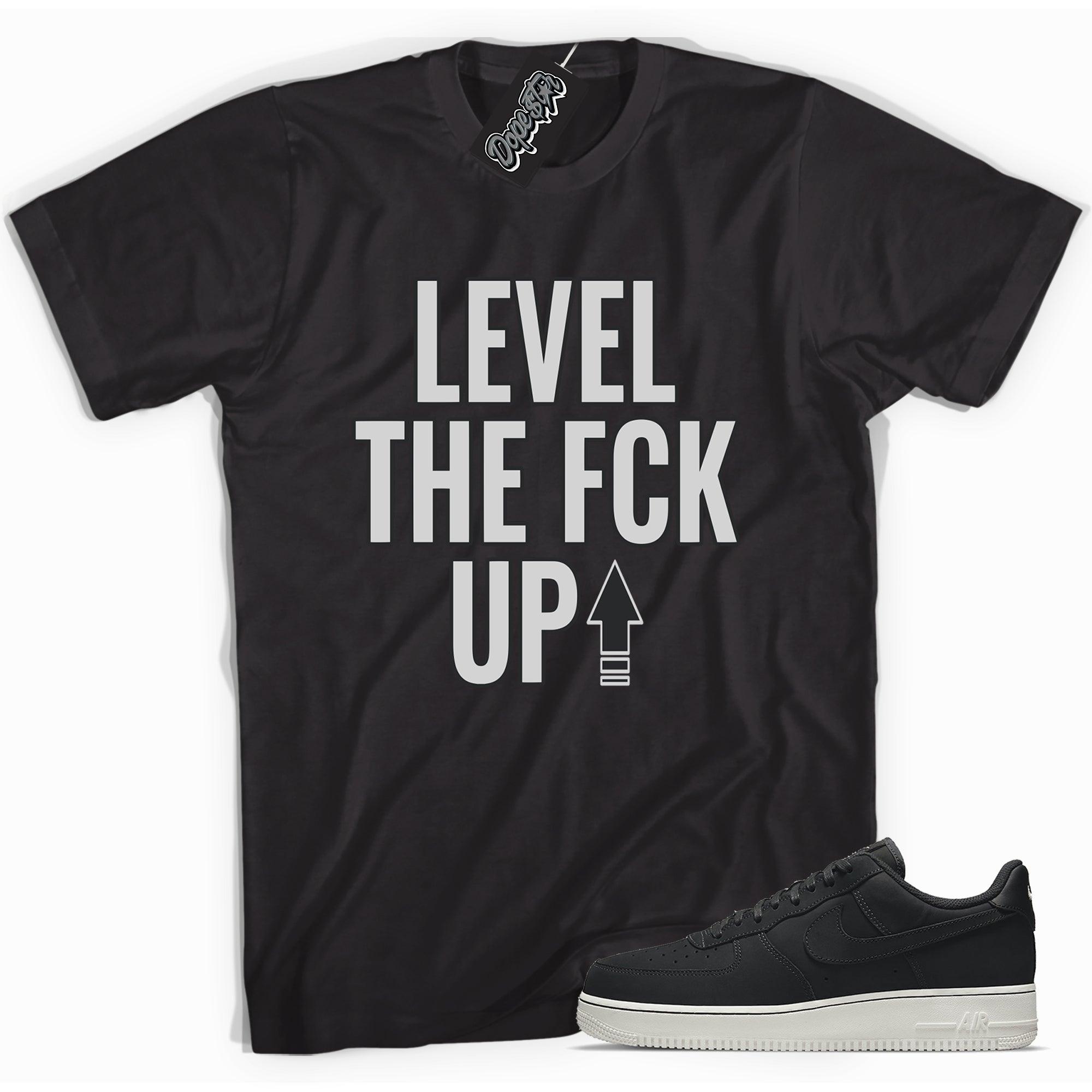 Cool black graphic tee with 'level up' print, that perfectly matches Nike Air Force 1 Low LX Off Noir Black sneakers.