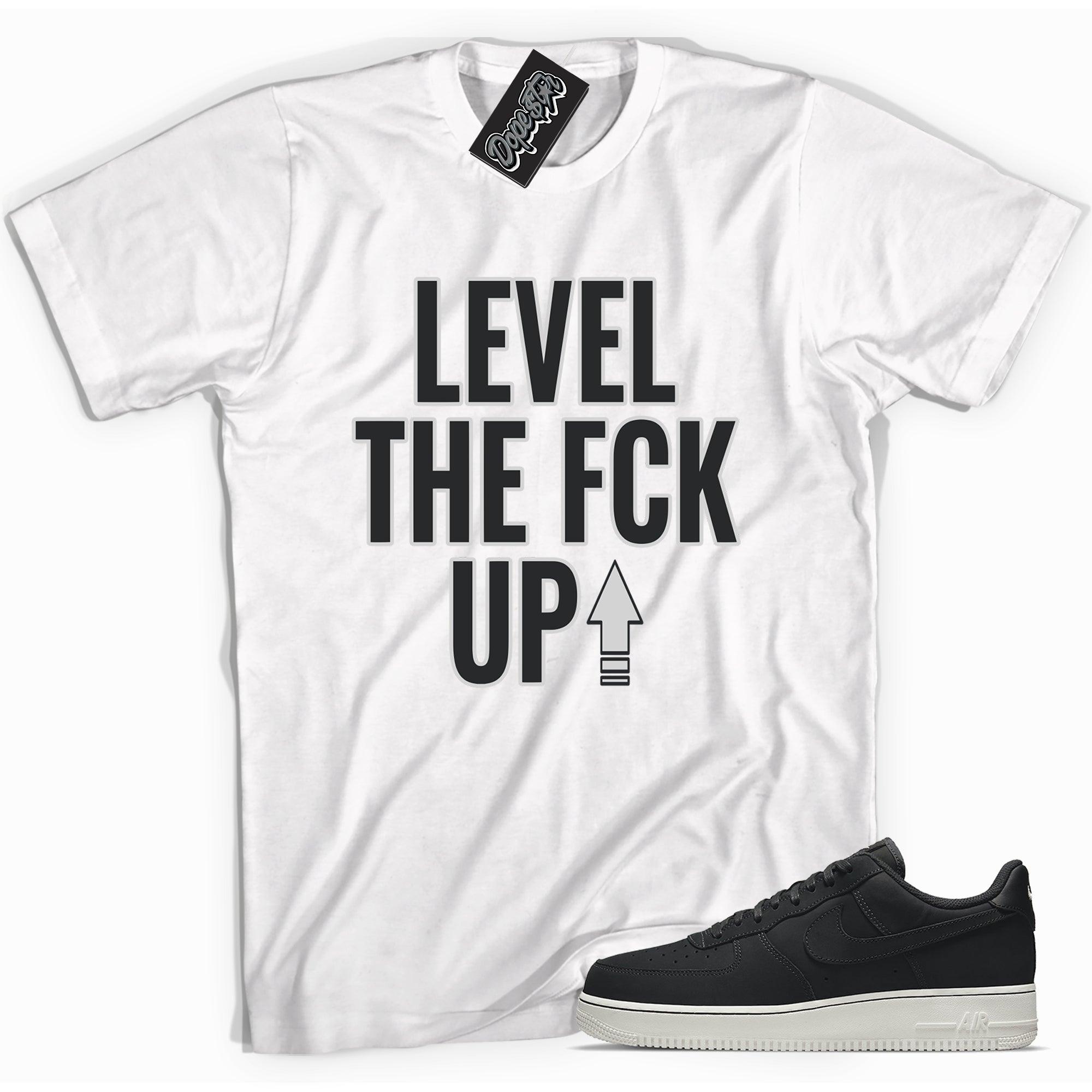 Cool white graphic tee with 'level up' print, that perfectly matches Nike Air Force 1 Low LX Off Noir Black sneakers.