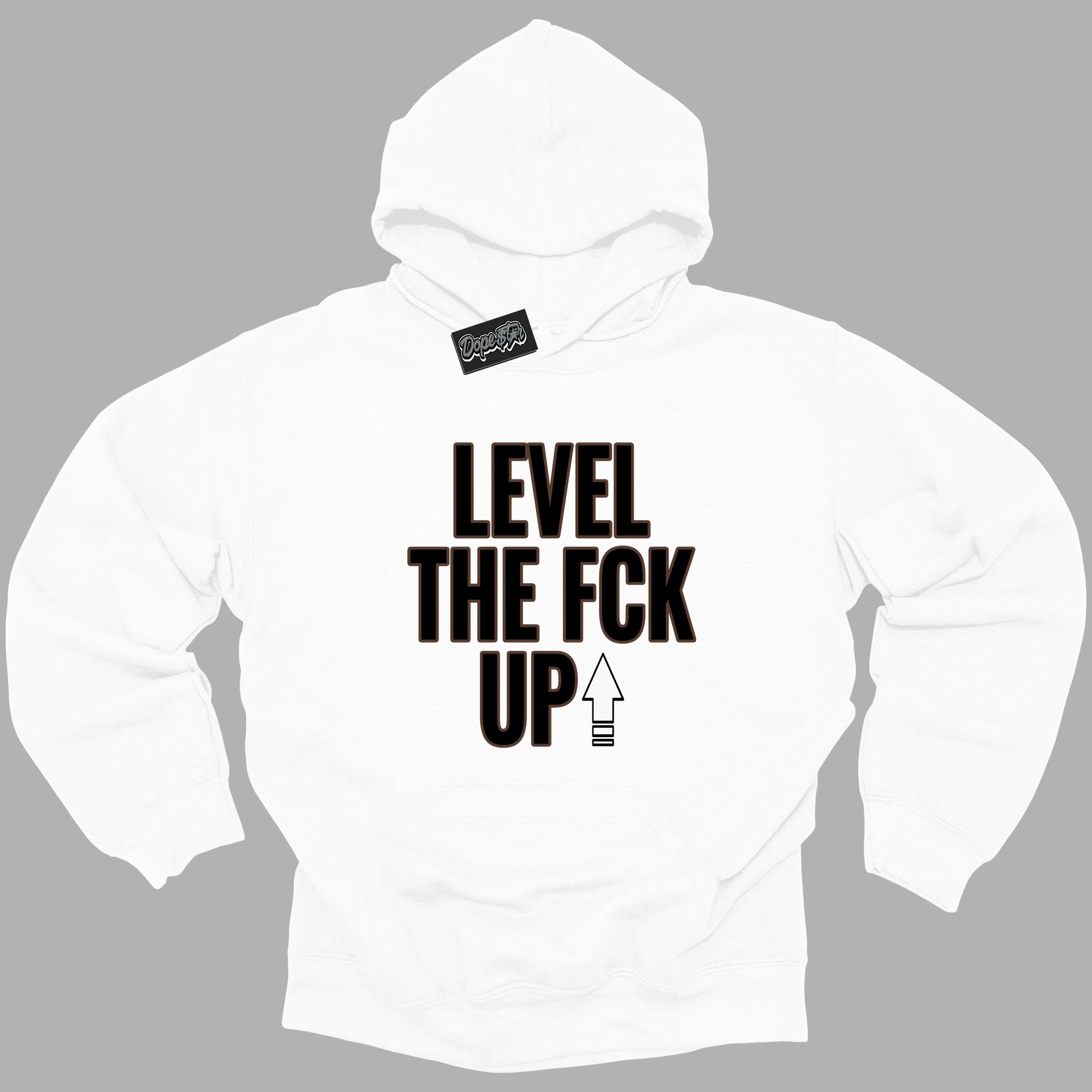 Cool White Graphic DopeStar Hoodie with “ Level The Fck Up “ print, that perfectly matches Palomino 1s sneakers