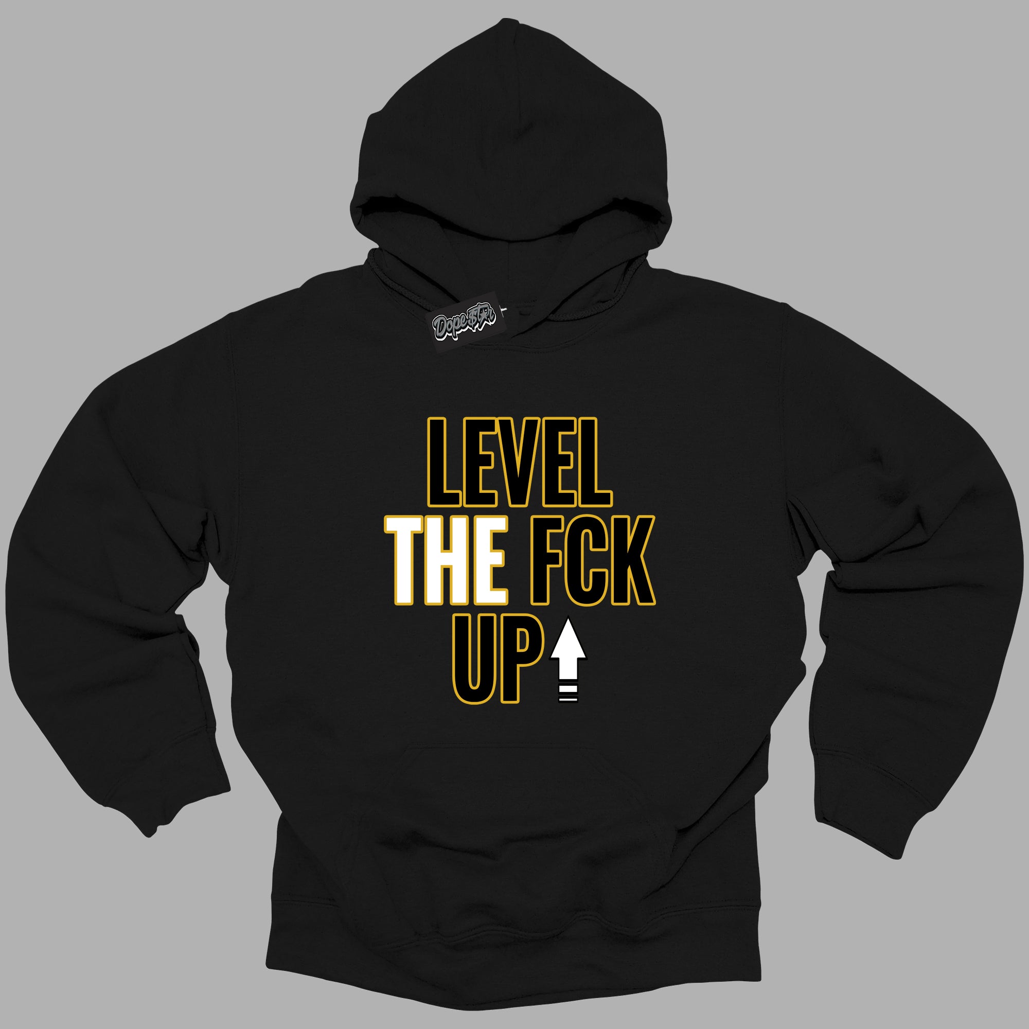 Cool Black Hoodie with “ Level The Fck Up ”  design that Perfectly Matches Yellow Ochre 6s Sneakers.