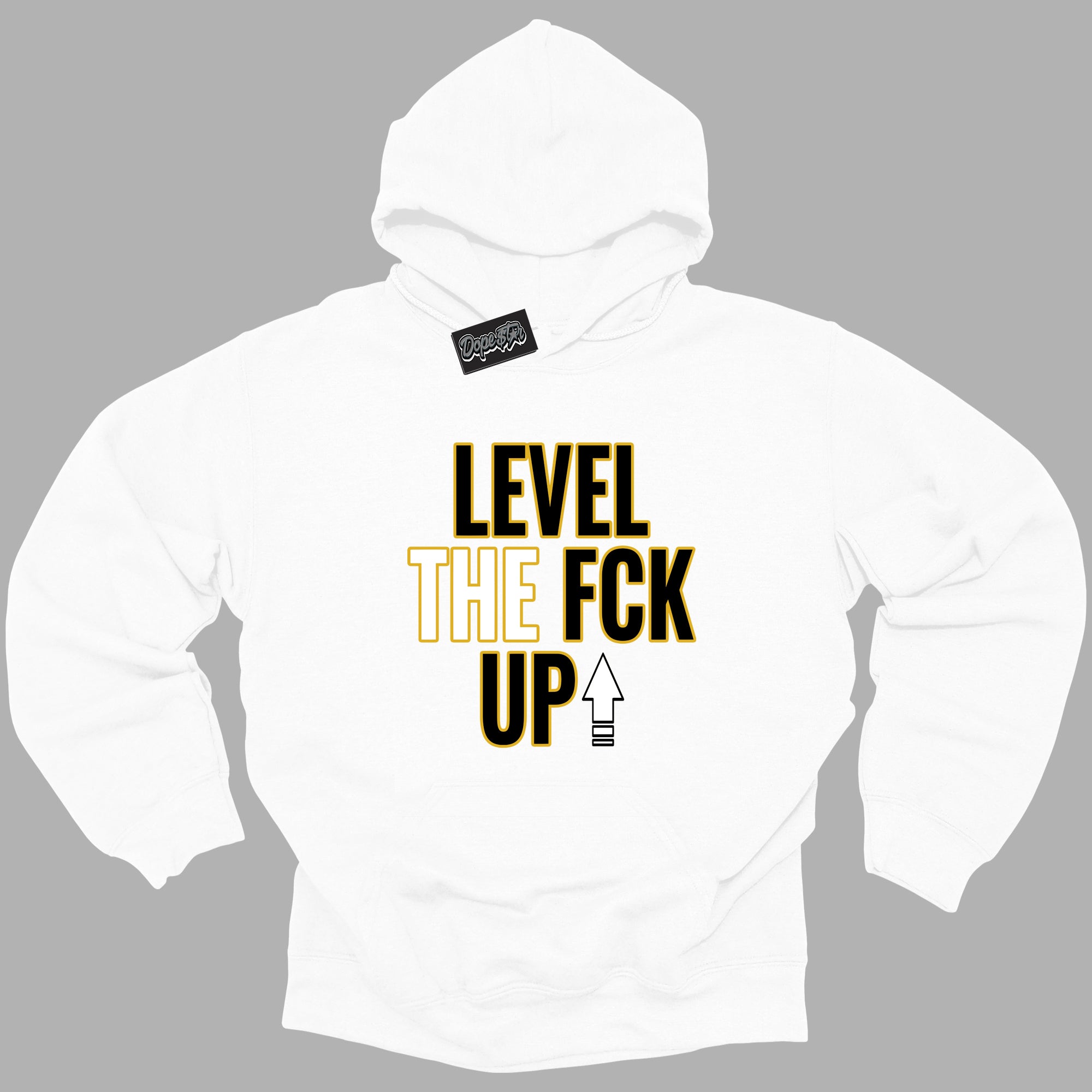 Cool White Hoodie with “ Level The Fck Up ”  design that Perfectly Matches Yellow Ochre 6s Sneakers.
