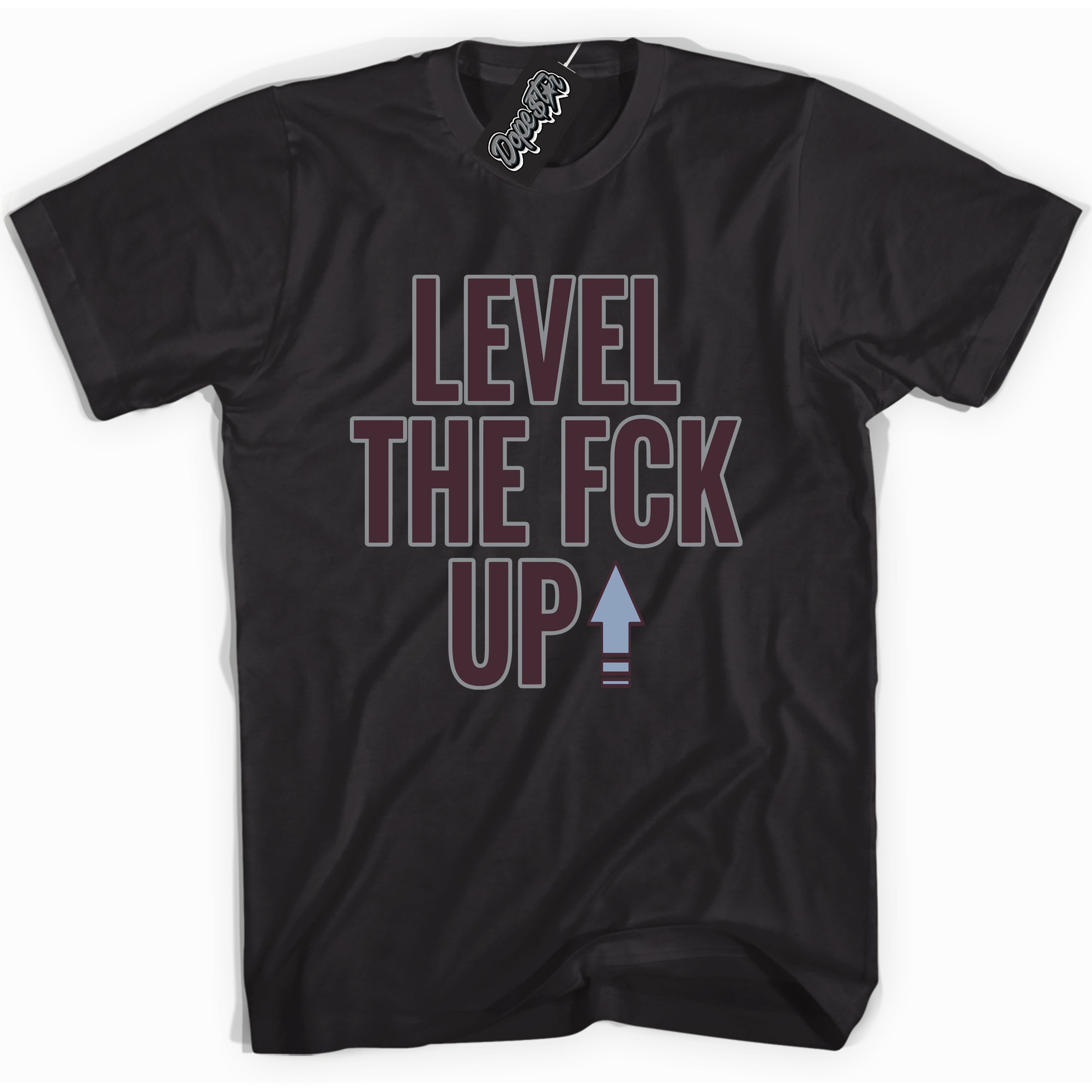 Cool Black Shirt with “ Level The Fck Up” design that perfectly matches Burgundy 5s Sneakers.