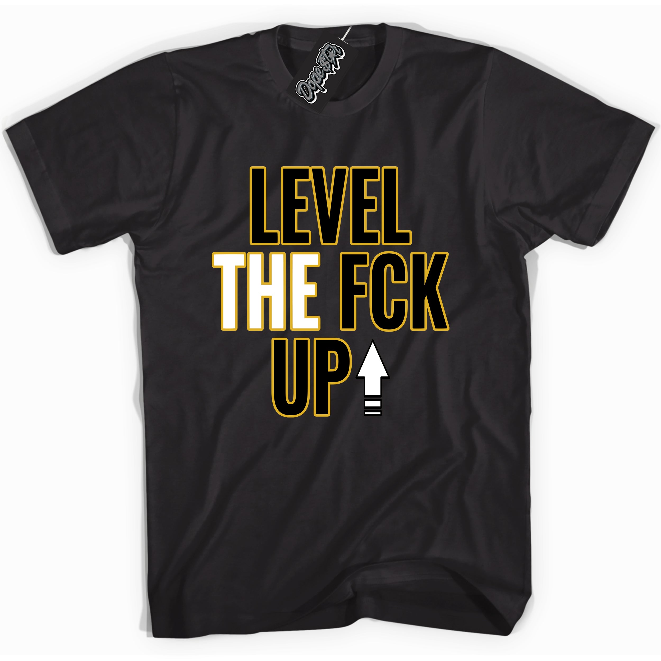 Cool Black Shirt with “ Level The Fck Up ” design that perfectly matches Yellow Ochre 6s Sneakers.
