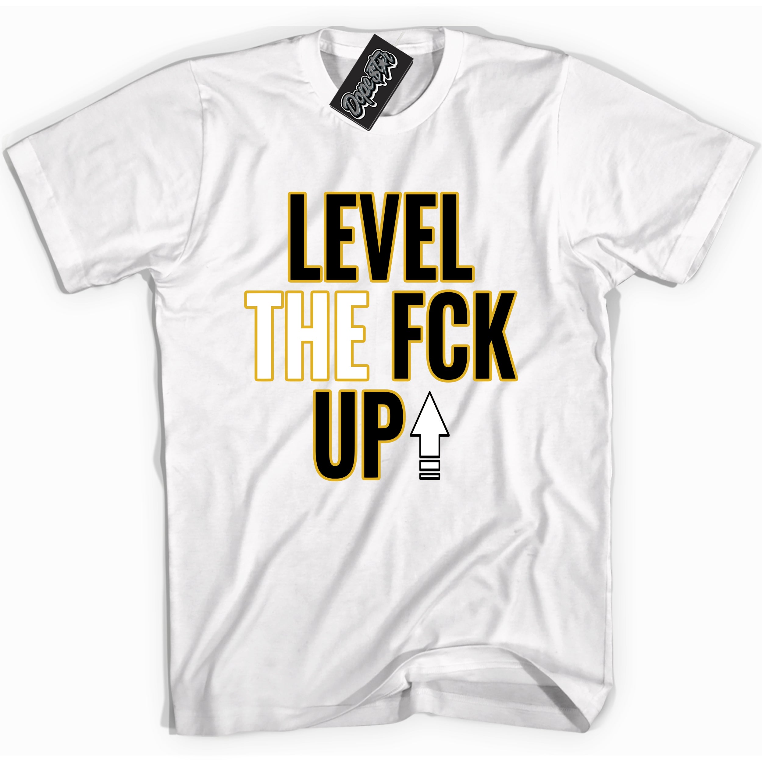 Cool White Shirt with “ Level The Fck Up” design that perfectly matches Yellow Ochre 6s Sneakers.