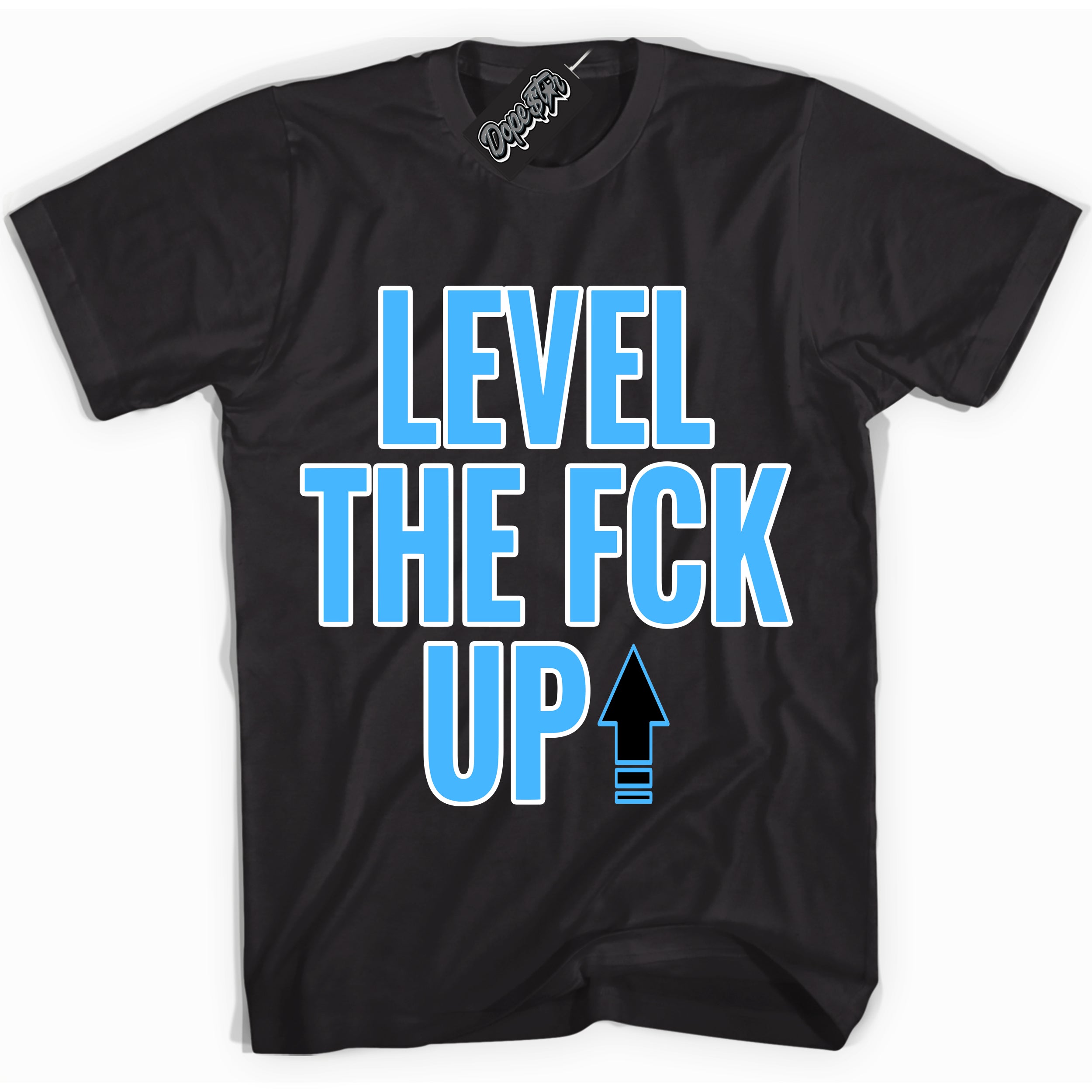 Cool Black graphic tee with “ Level The Fck Up ” design, that perfectly matches Powder Blue 9s sneakers 