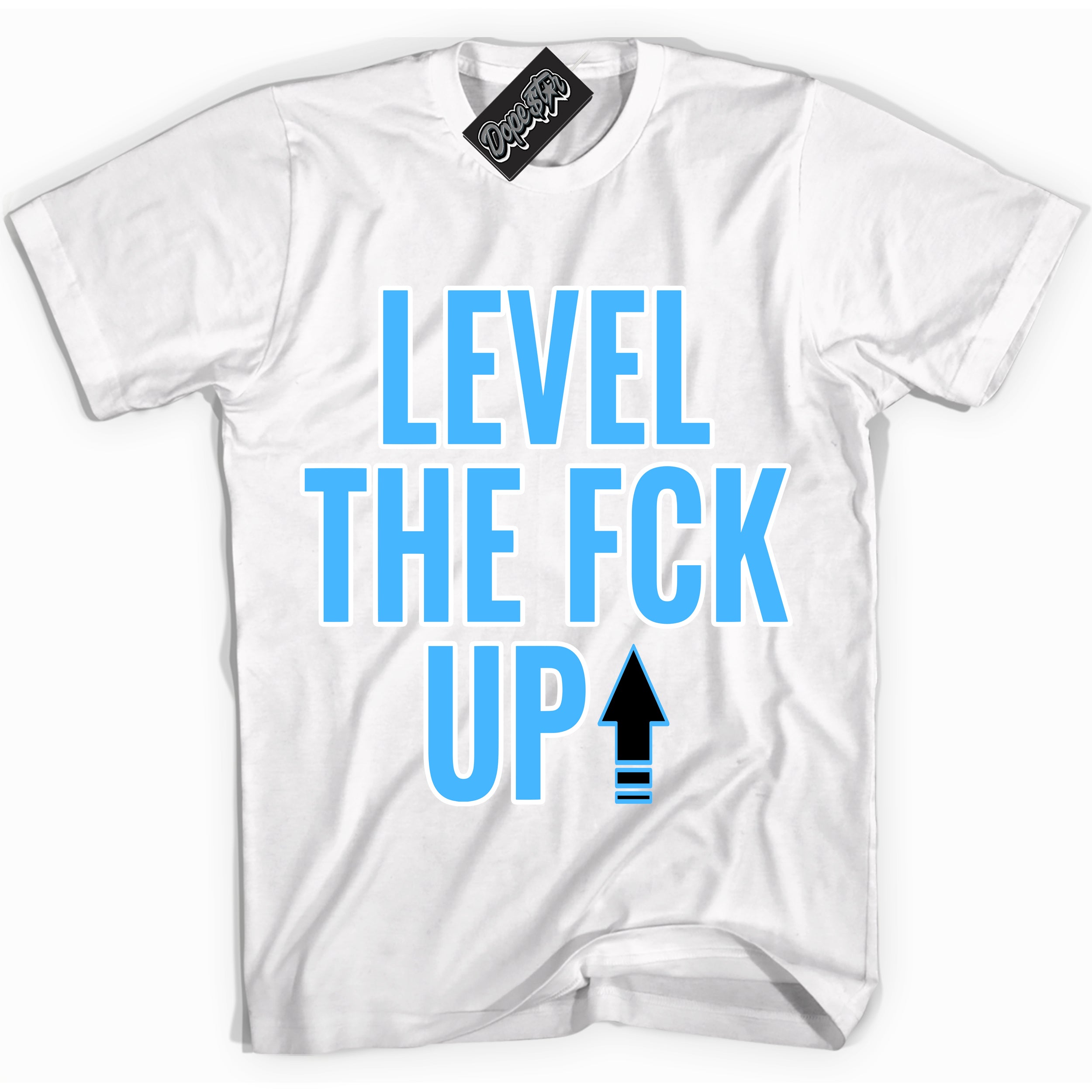 Cool White graphic tee with “ Level The Fck Up ” design, that perfectly matches Powder Blue 9s sneakers 