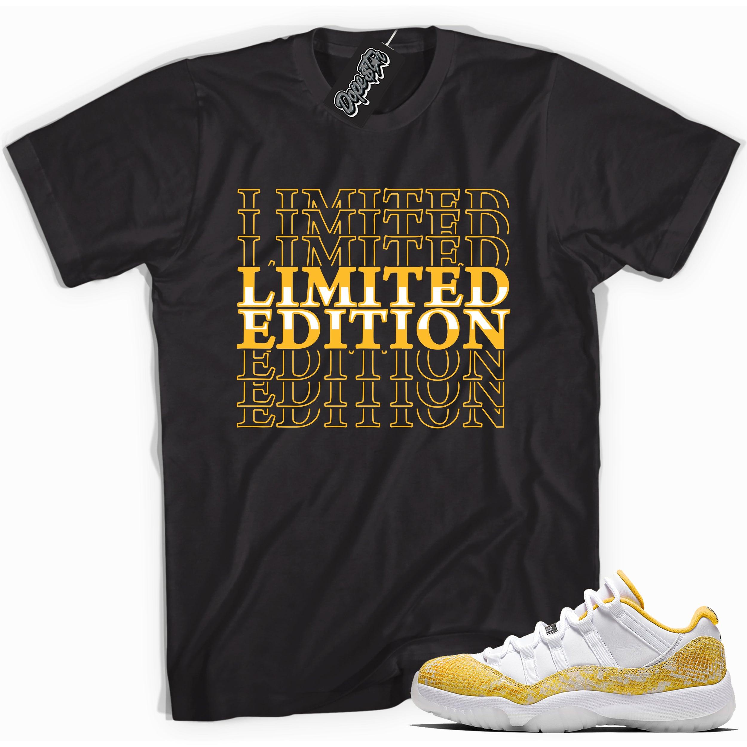 Cool black graphic tee with 'limited edition' print, that perfectly matches  Air Jordan 11 Retro Low Yellow Snakeskin sneakers