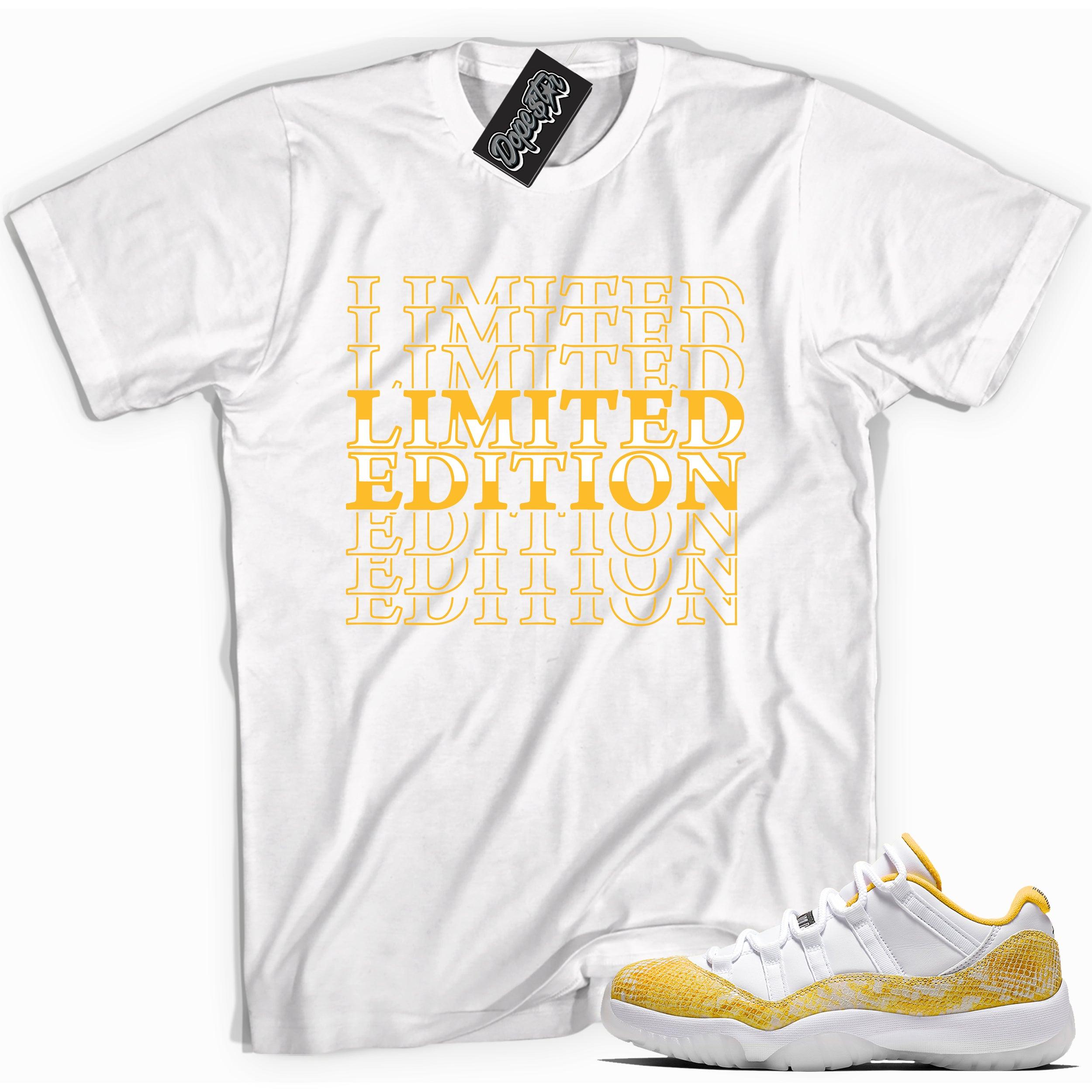 Cool white graphic tee with 'limited edition' print, that perfectly matches Air Jordan 11 Retro Low Yellow Snakeskin sneakers