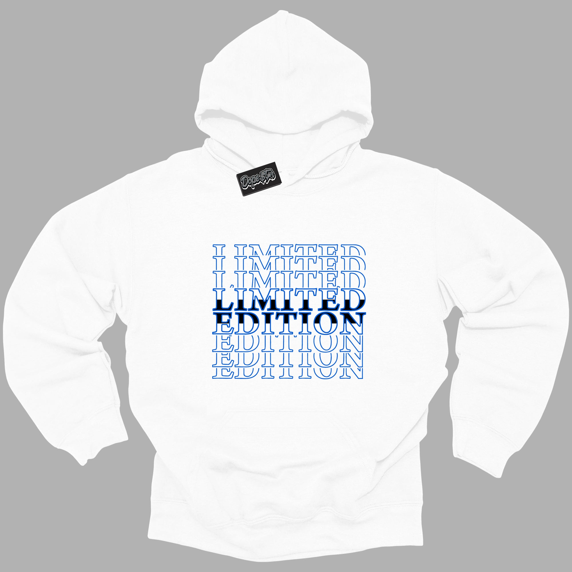 Cool White Hoodie with “ Limited Edition ”  design that Perfectly Matches Royal Reimagined 1s Sneakers.