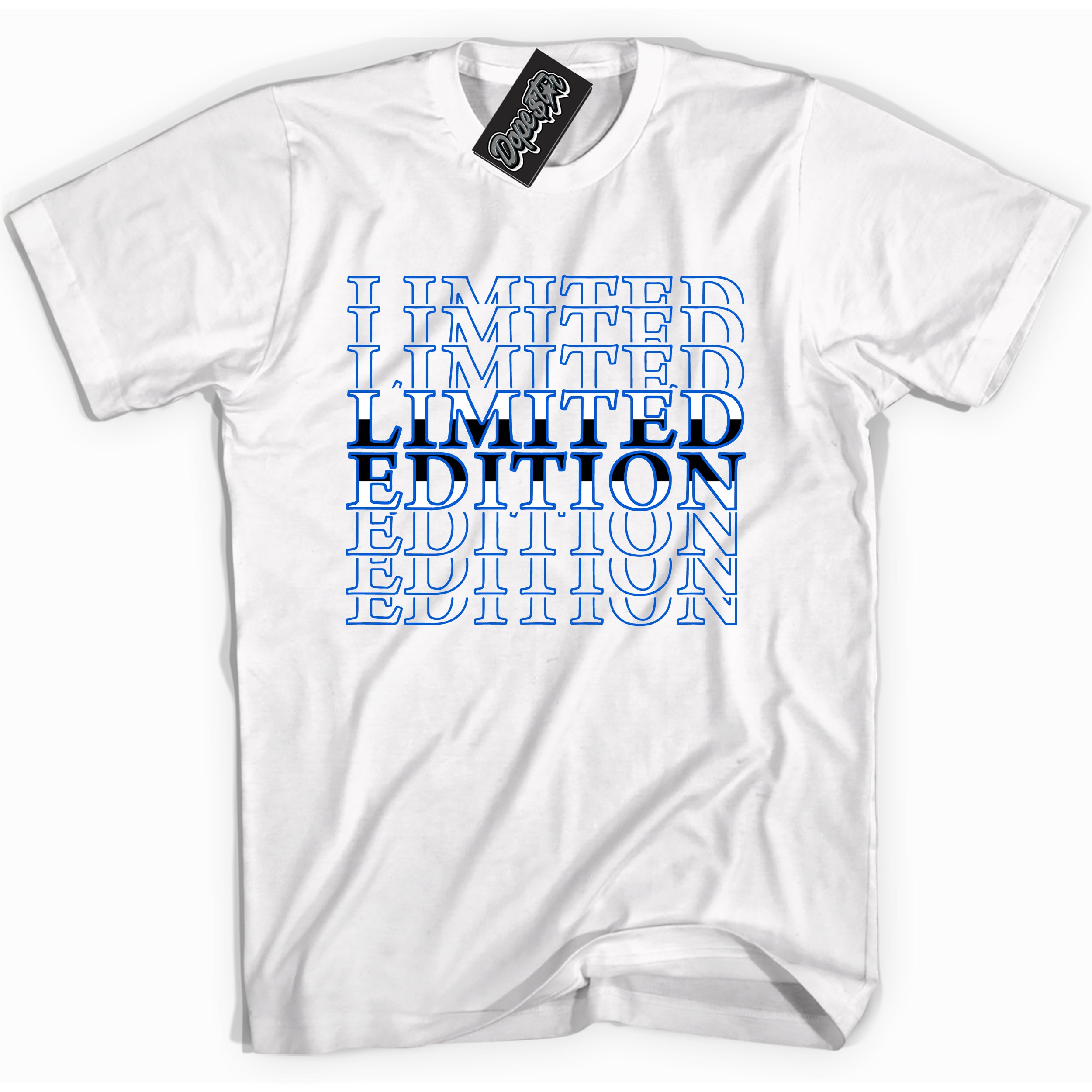 Cool White graphic tee with "Limited Edition" design, that perfectly matches Royal Reimagined 1s sneakers 