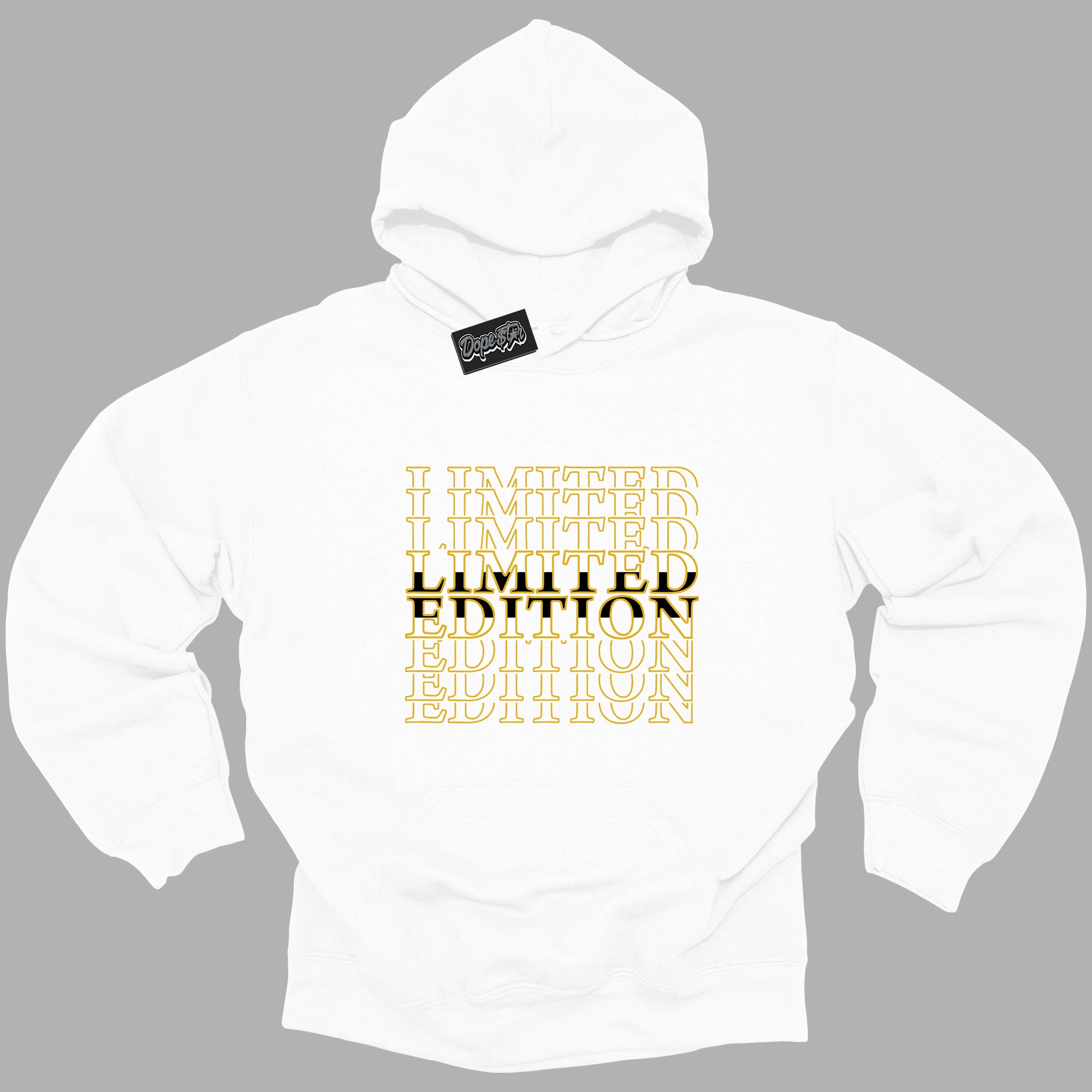 Cool White Hoodie with “Limited Edition ”  design that Perfectly Matches Yellow Ochre 6s Sneakers.