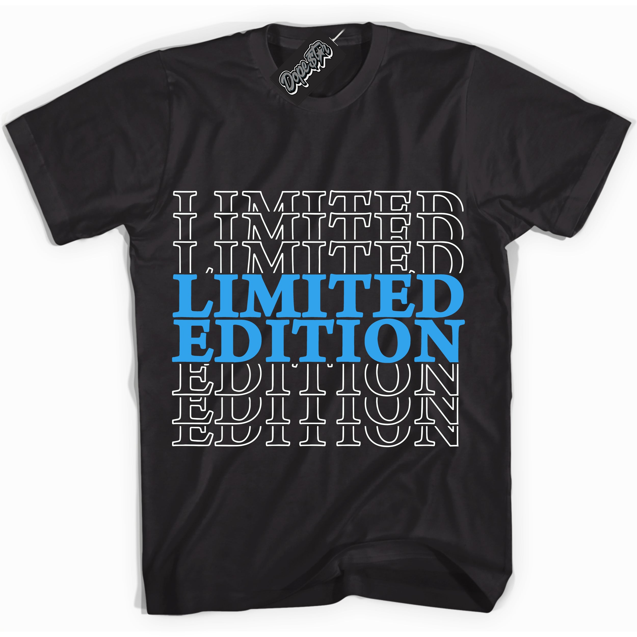 Cool Black graphic tee with “ Limited Edition ” design, that perfectly matches Powder Blue 9s sneakers 