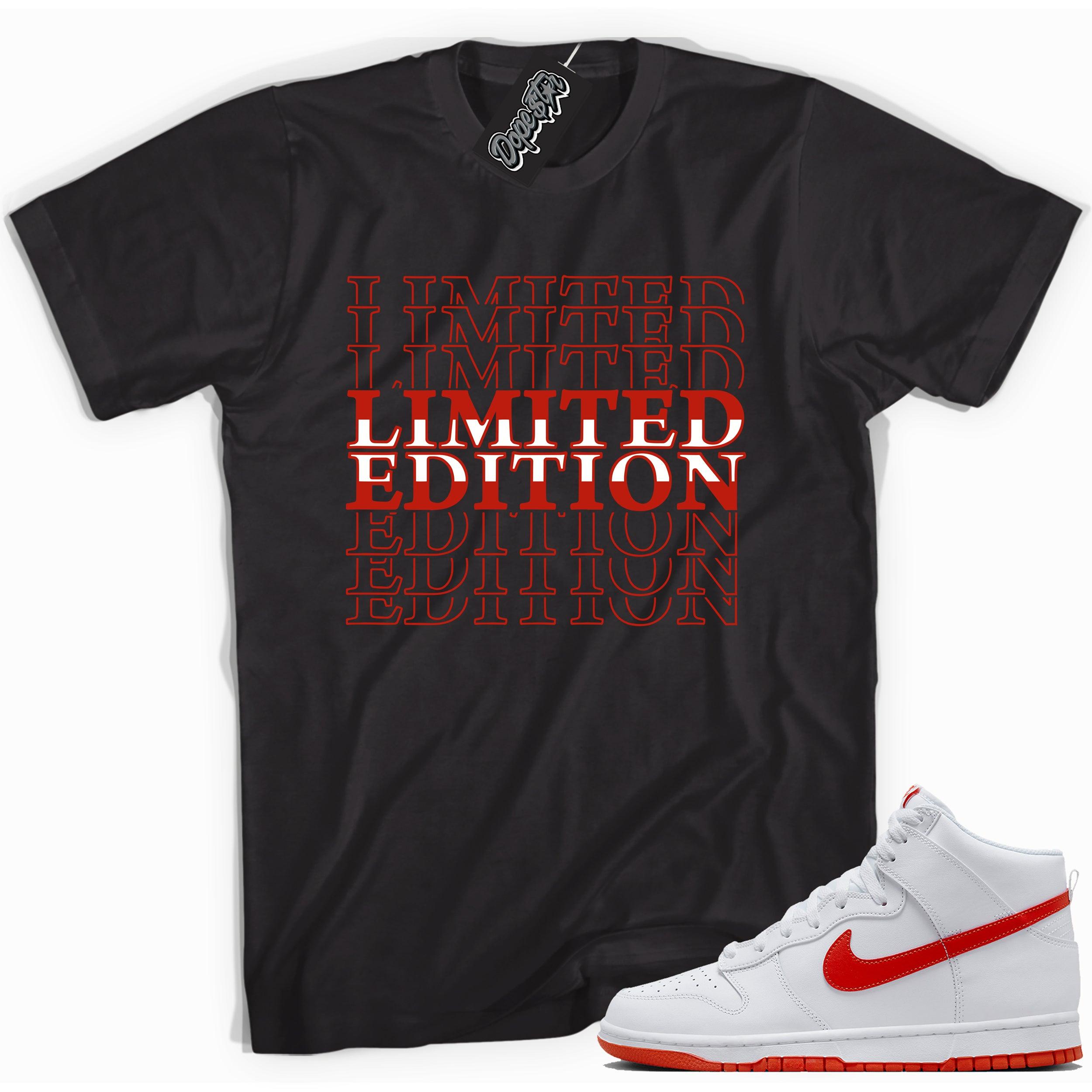 Cool black graphic tee with 'limited edition ' print, that perfectly matches Nike Dunk High White Picante Red sneakers.