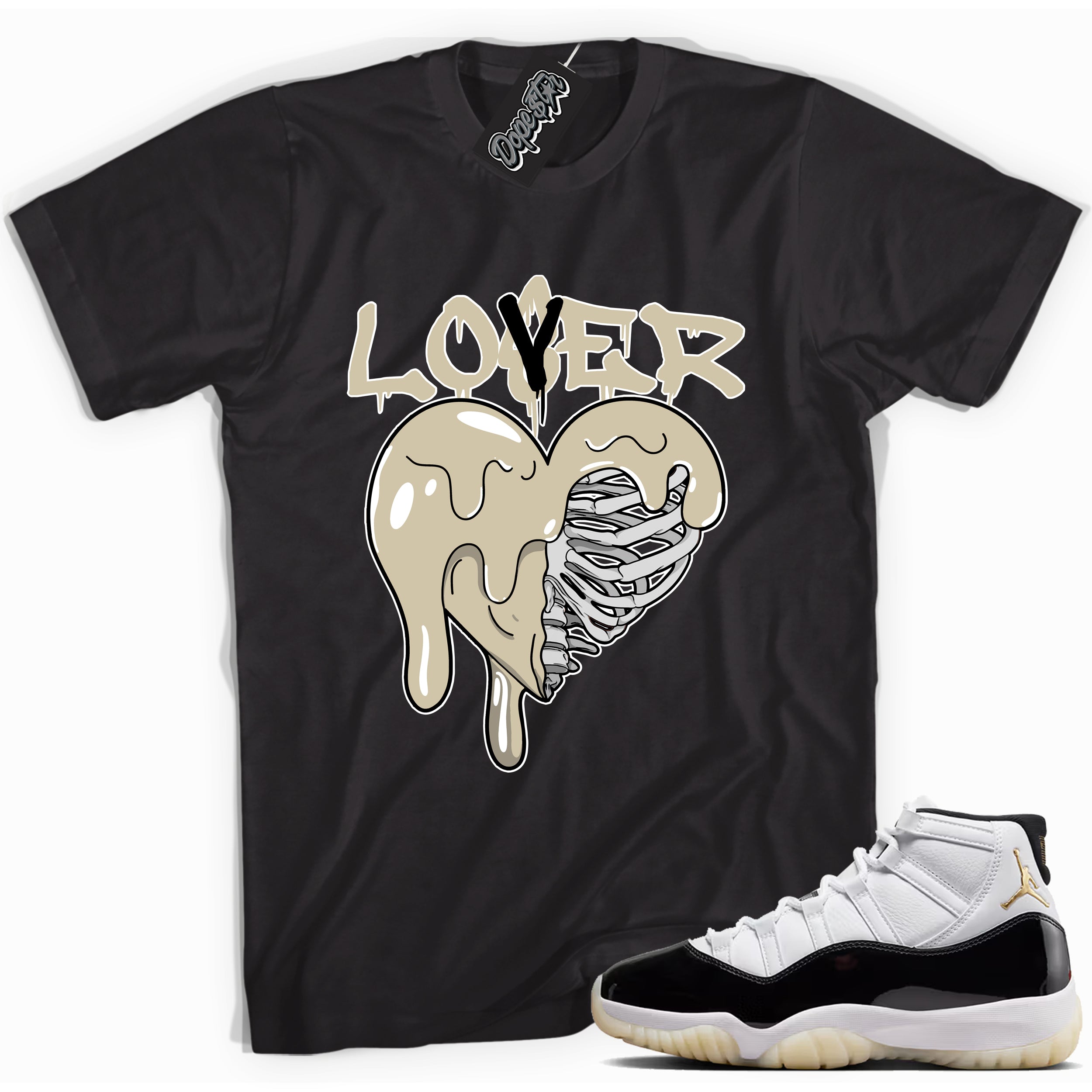 Cool Black graphic tee with “ Lover Loser ” print, that perfectly matches AIR JORDAN 11 GRATITUDE  sneakers 
