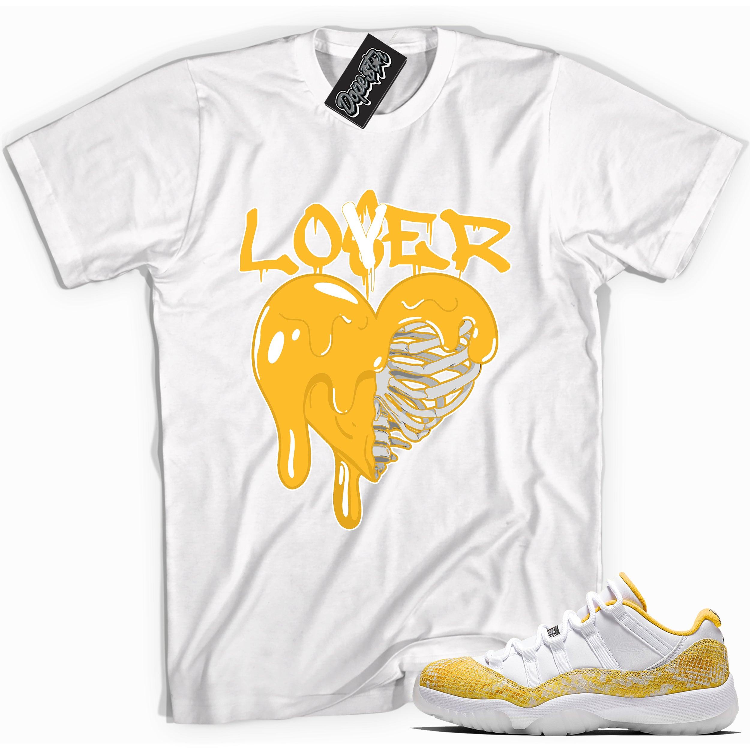 Cool white graphic tee with 'lover/loser' print, that perfectly matches Air Jordan 11 Retro Low Yellow Snakeskin sneakers