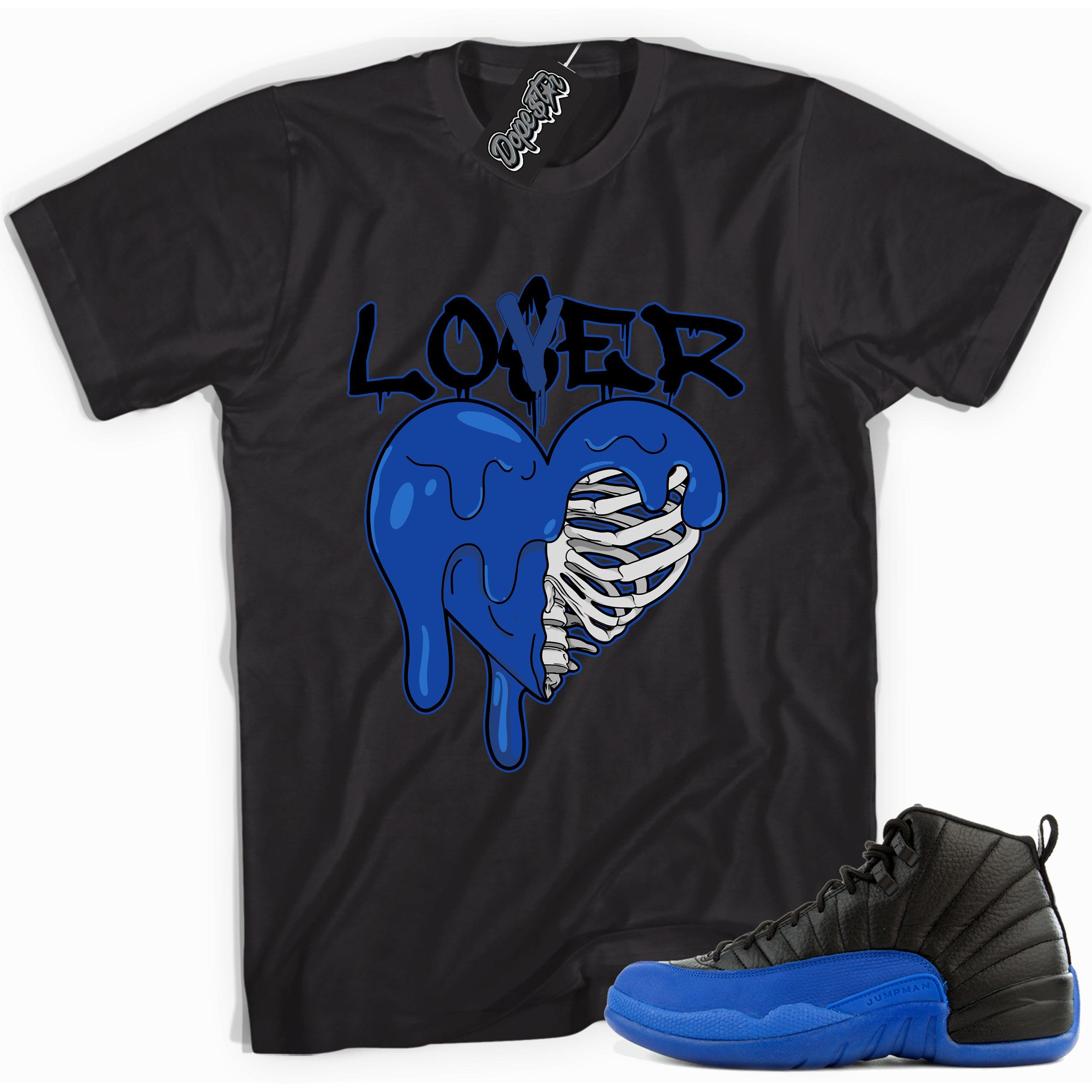 Cool black graphic tee with 'lover loser' print, that perfectly matches Air Jordan 12 Retro Black Game Royal sneakers.