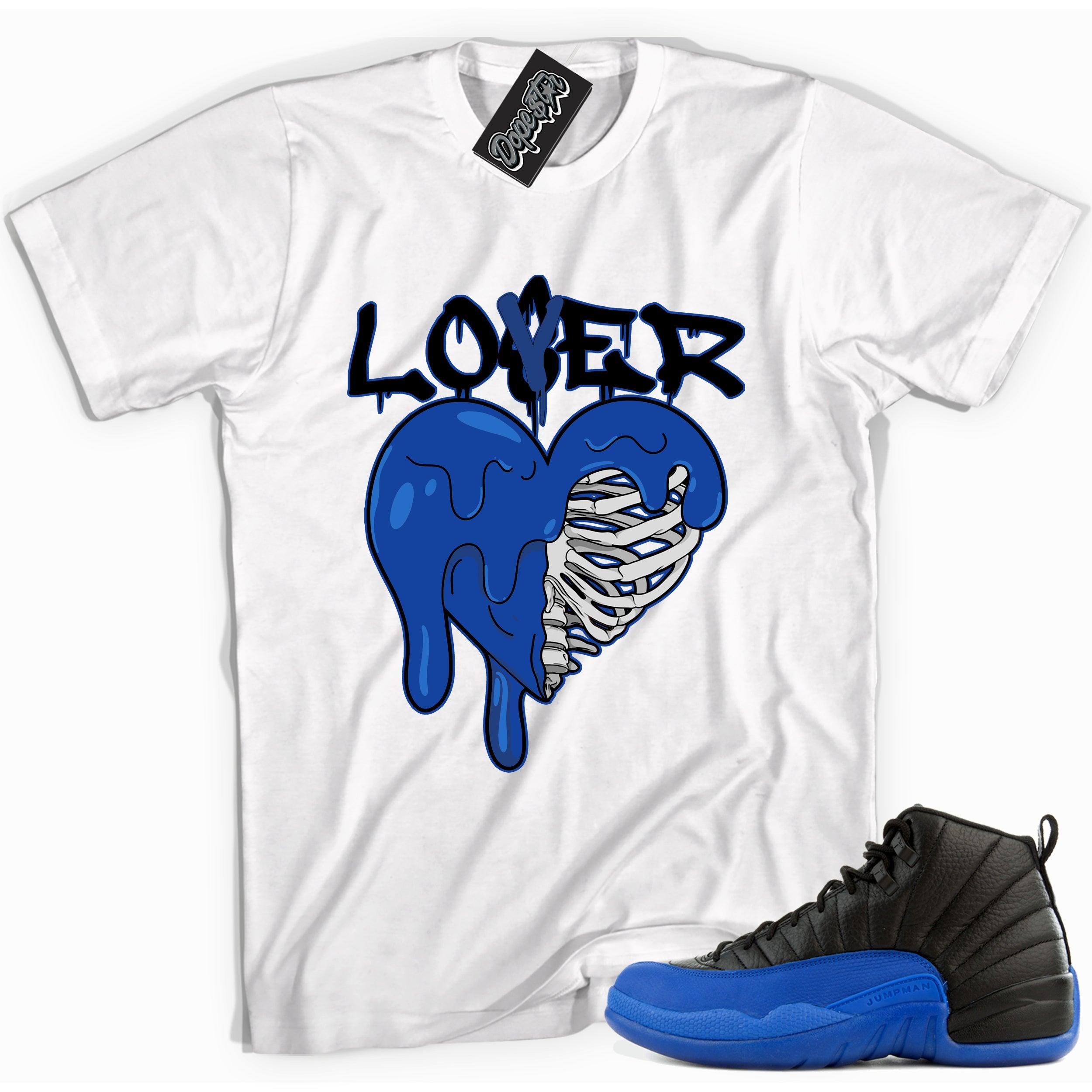 Cool white graphic tee with 'lover loser' print, that perfectly matches  Air Jordan 12 Retro Black Game Royal sneakers.