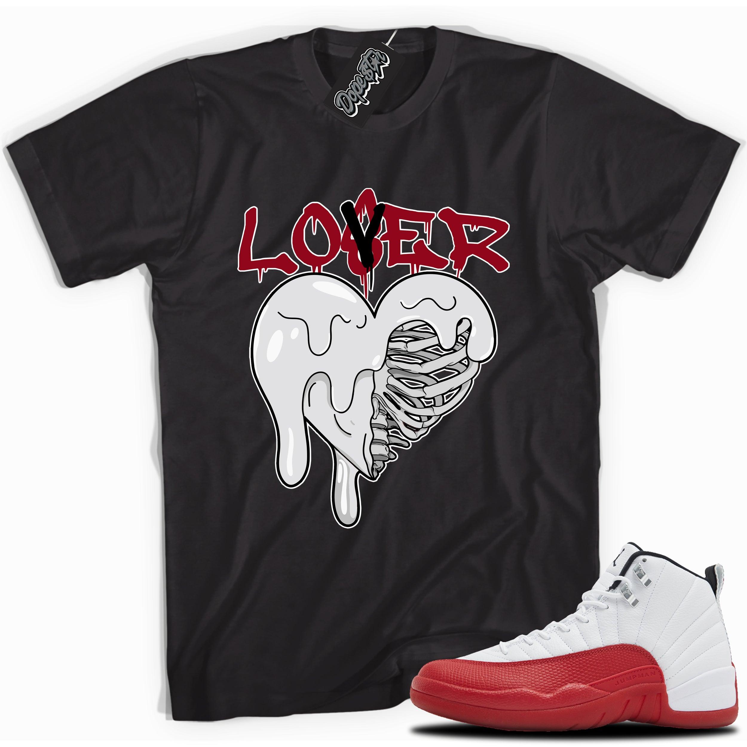 Cool Black graphic tee with “ Lover Loser Heart ” print, that perfectly matches Air Jordan 12 Retro Cherry Red 2023 red and white sneakers