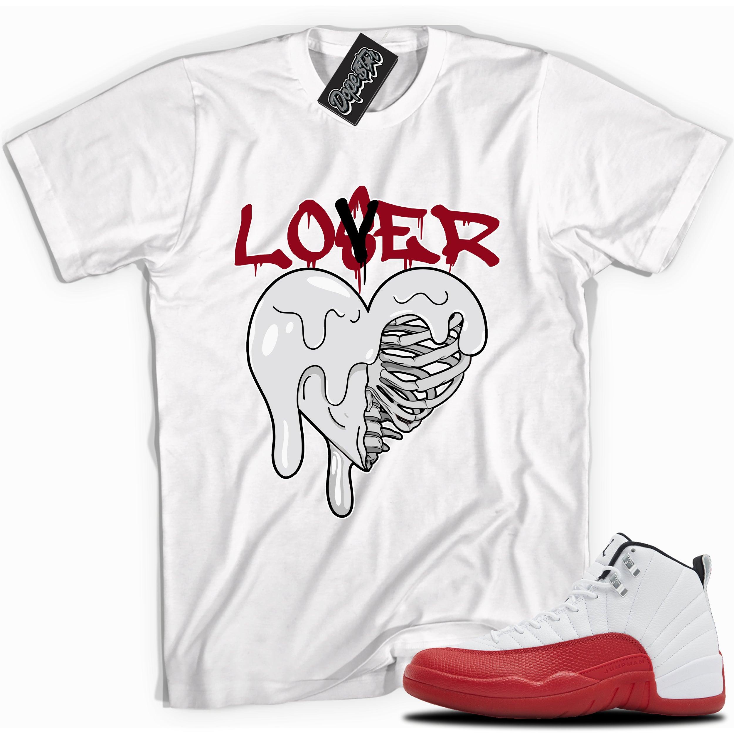 Cool White graphic tee with “  Lover Loser Heart” print, that perfectly matches Air Jordan 12 Retro Cherry Red 2023 red and white sneakers 
