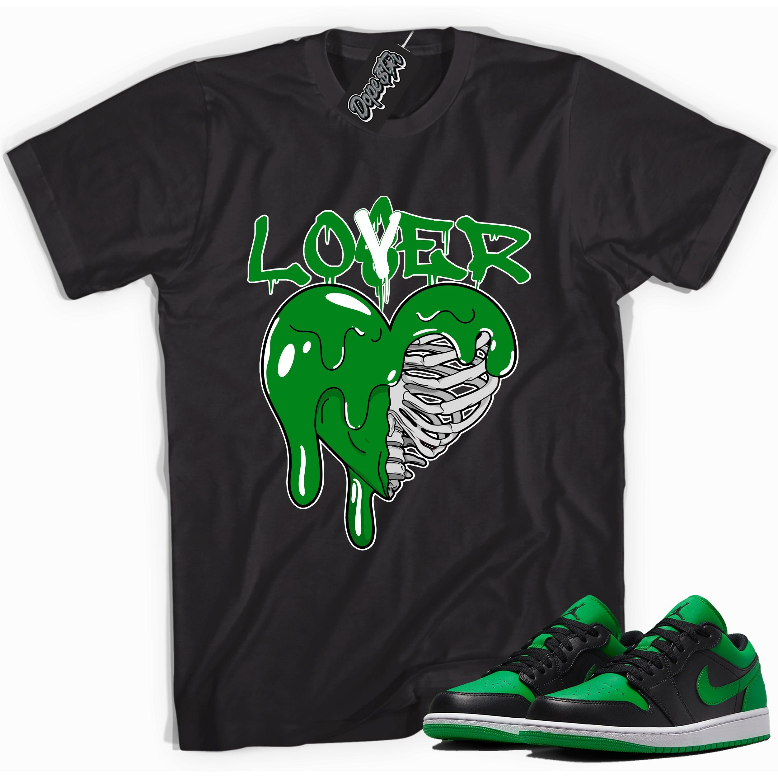Cool black graphic tee with 'lover/loser' print, that perfectly matches Air Jordan 1 Low Lucky Green sneakers