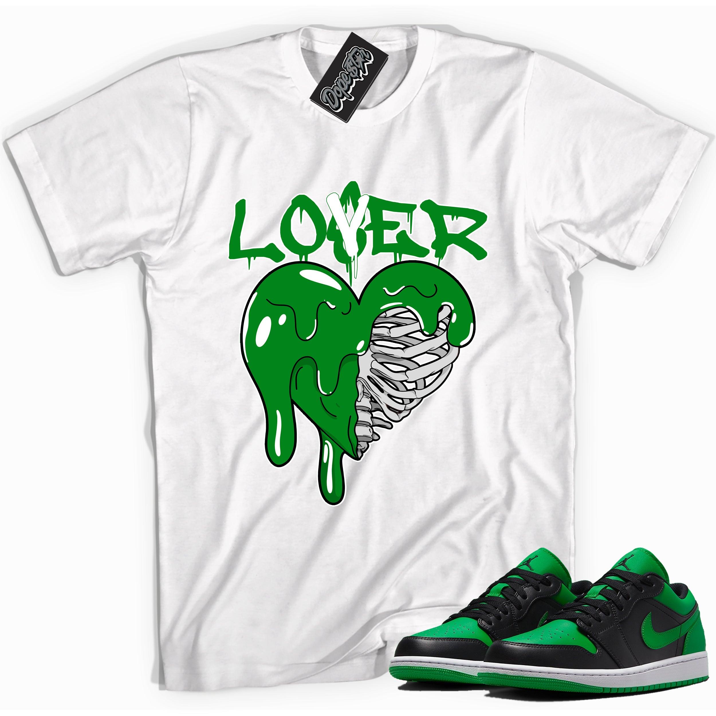 Cool white graphic tee with 'lover/loser' print, that perfectly matches Air Jordan 1 Low Lucky Green sneakers