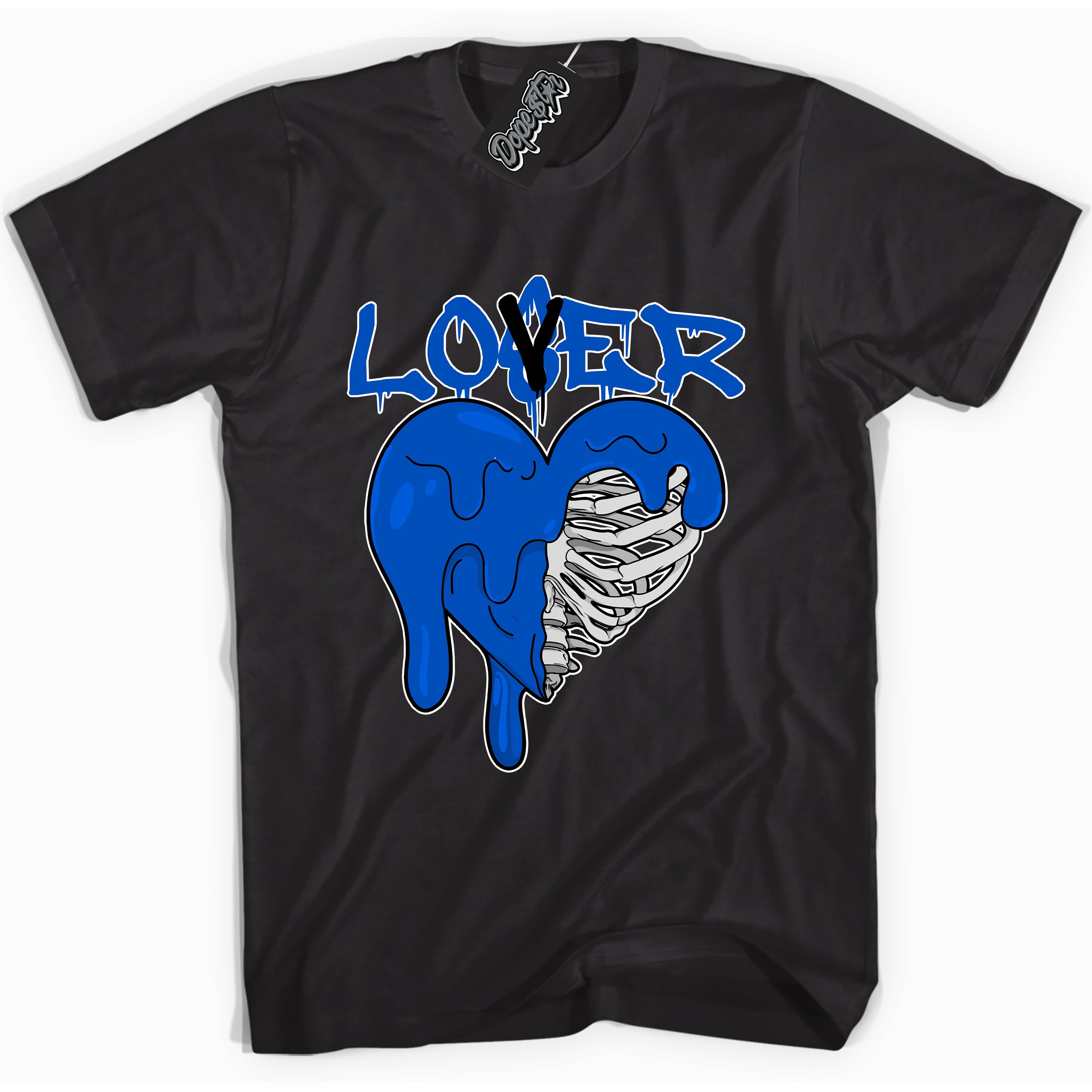 Cool Black graphic tee with "Lover Loser Heart" design, that perfectly matches Royal Reimagined 1s sneakers 