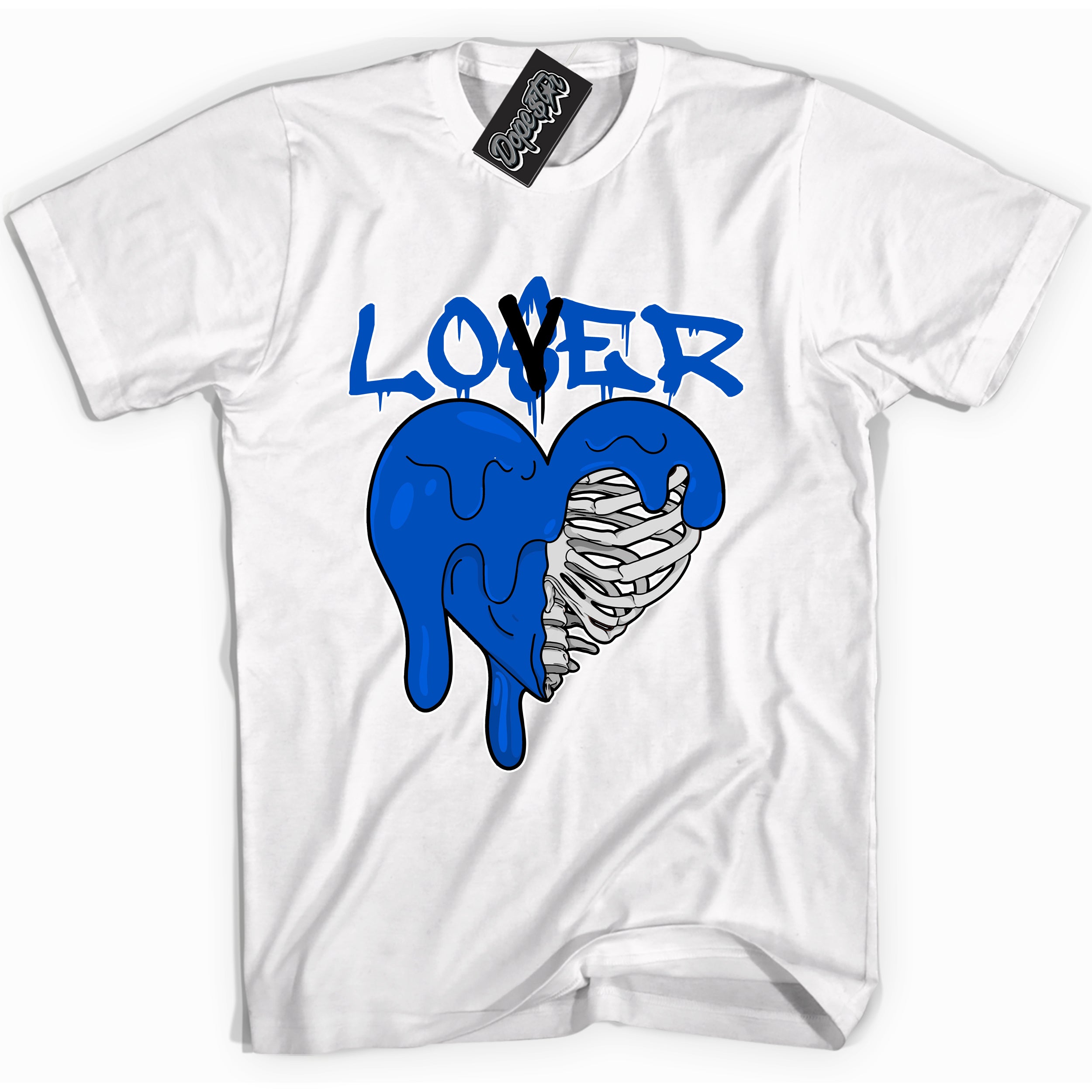 Cool White graphic tee with "Lover Loser Heart" design, that perfectly matches Royal Reimagined 1s sneakers 