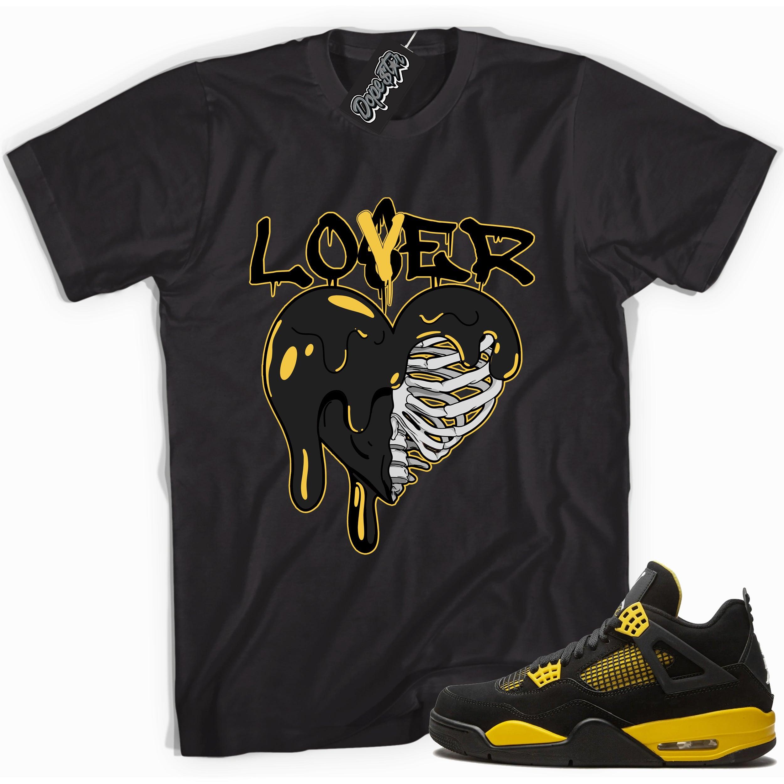 Cool black graphic tee with 'lover loser heart' print, that perfectly matches  Air Jordan 4 Thunder sneakers