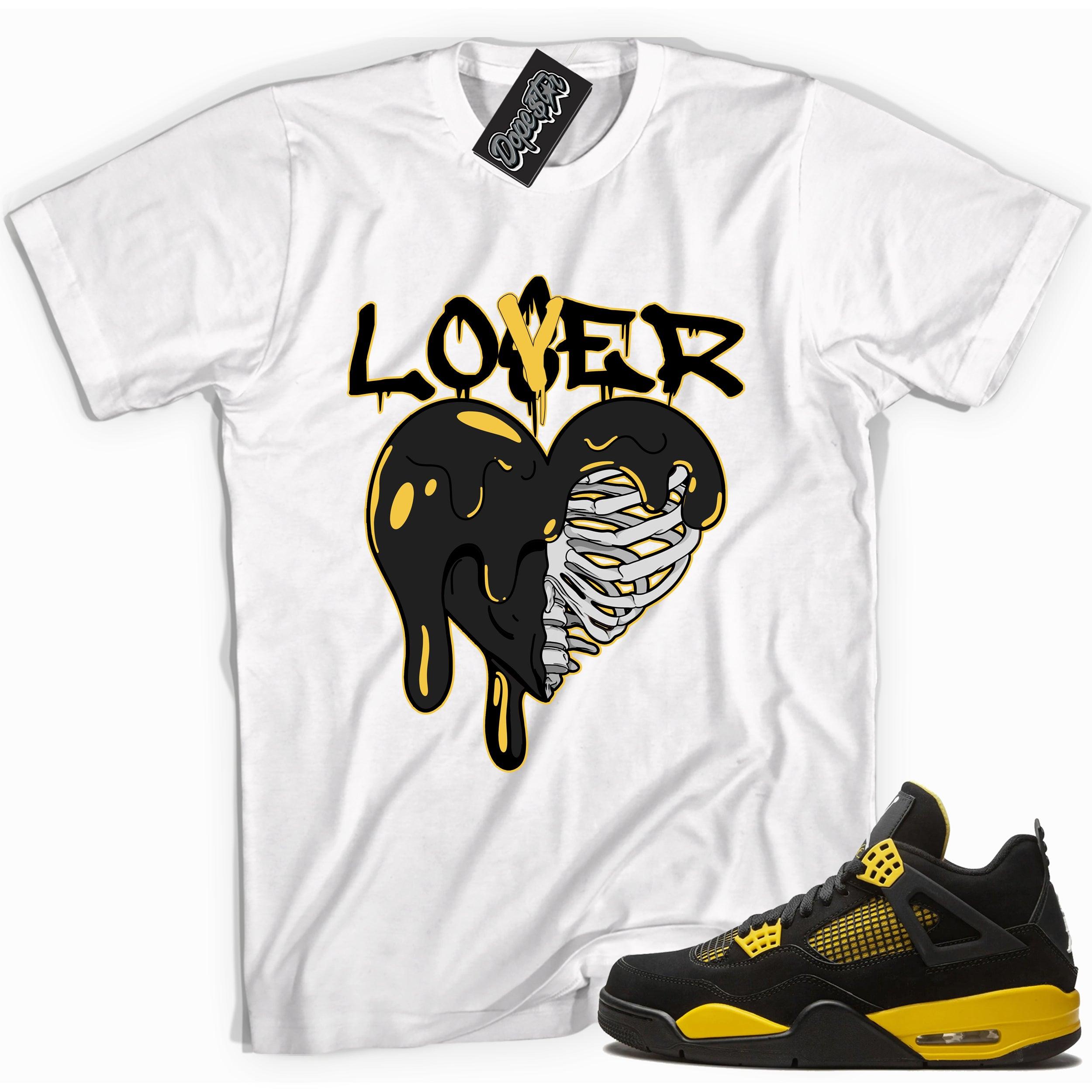 Cool white graphic tee with 'lover loser heart' print, that perfectly matches Air Jordan 4 Thunder sneakers