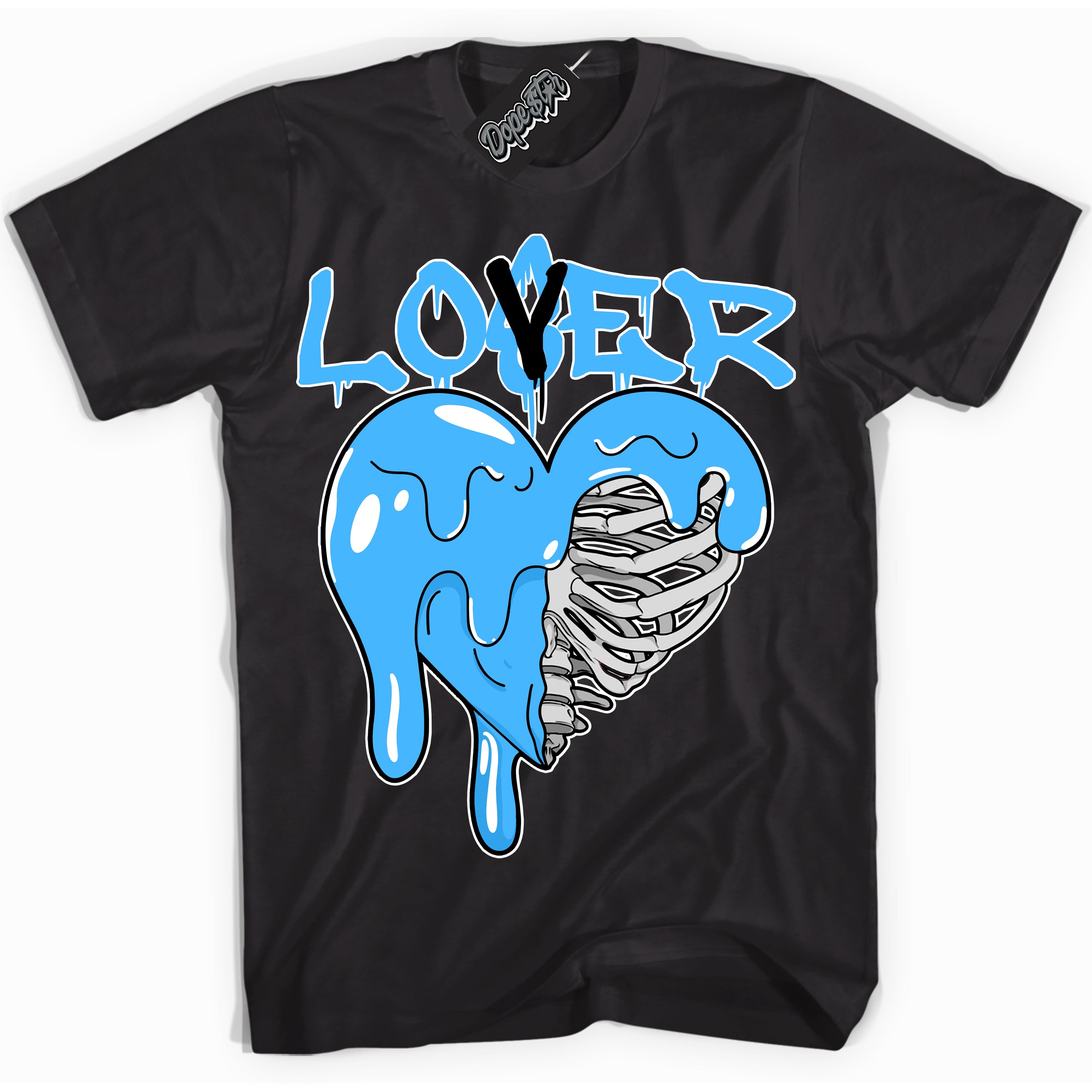 Cool Black graphic tee with “ Lover Loser Heart ” design, that perfectly matches Powder Blue 9s sneakers 