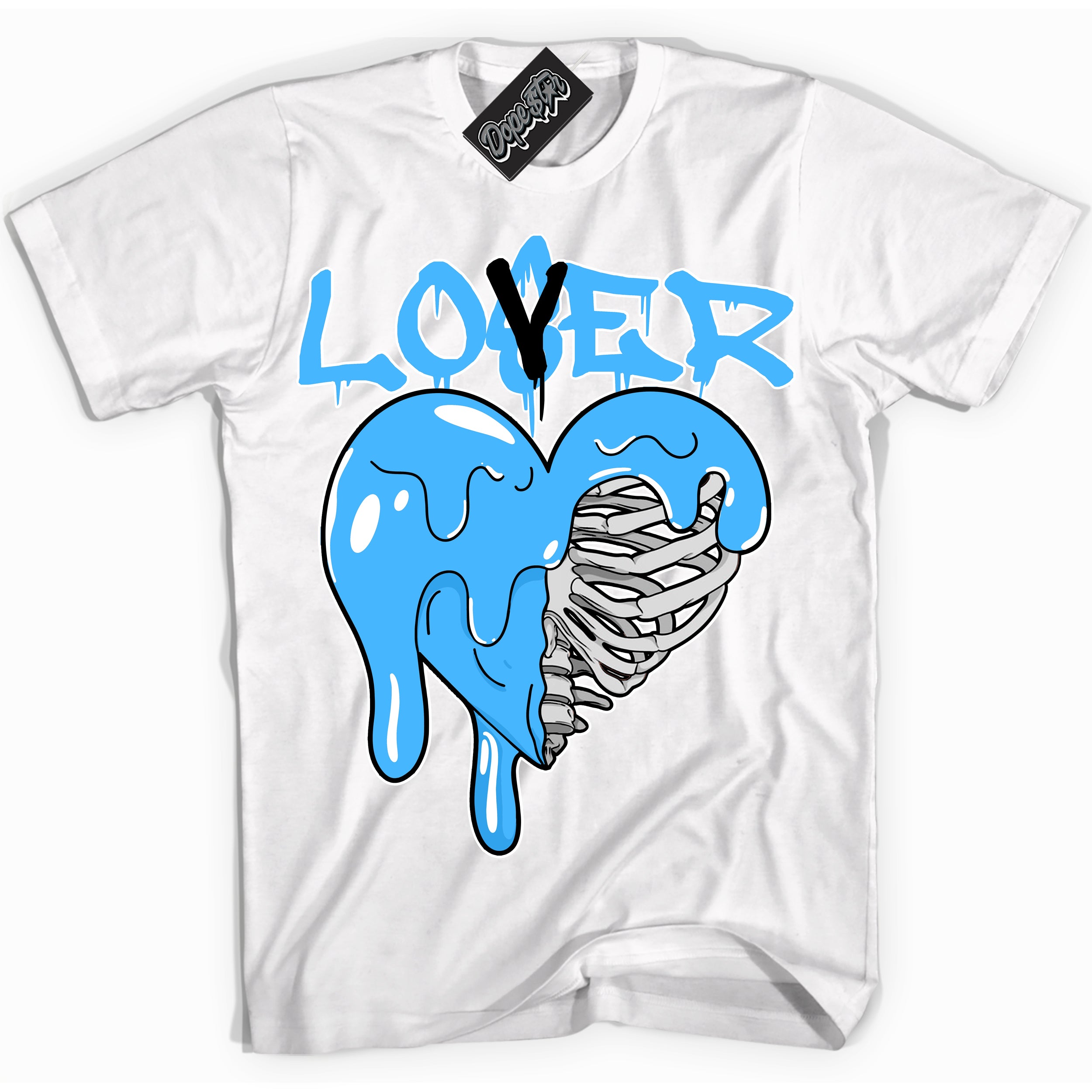 Cool White graphic tee with “ Lover Loser Heart ” design, that perfectly matches Powder Blue 9s sneakers 