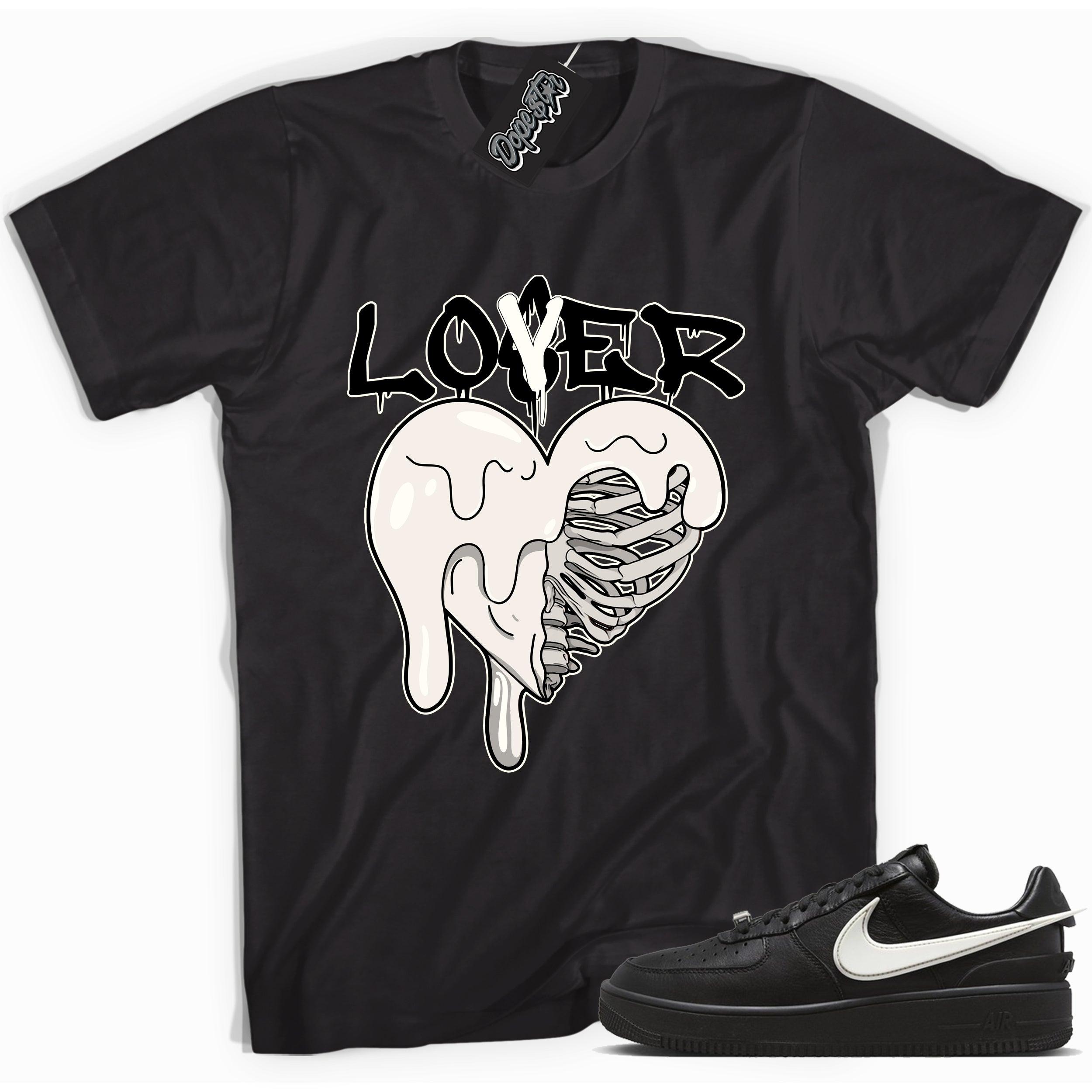 Cool black graphic tee with 'lover loser heart' print, that perfectly matches Nike Air Force 1 Low SP Ambush Phantom sneakers.