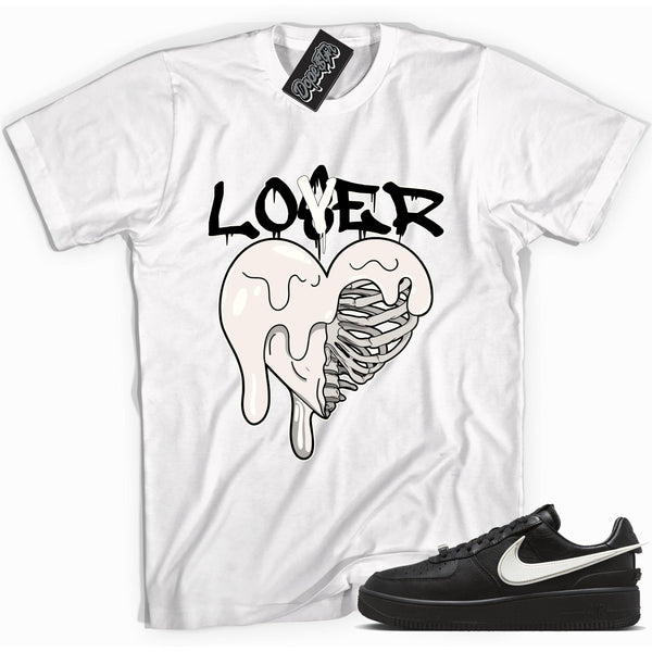 Cool white graphic tee with 'lover loser heart' print, that perfectly matches Nike Air Force 1 Low SP Ambush Phantom sneakers.