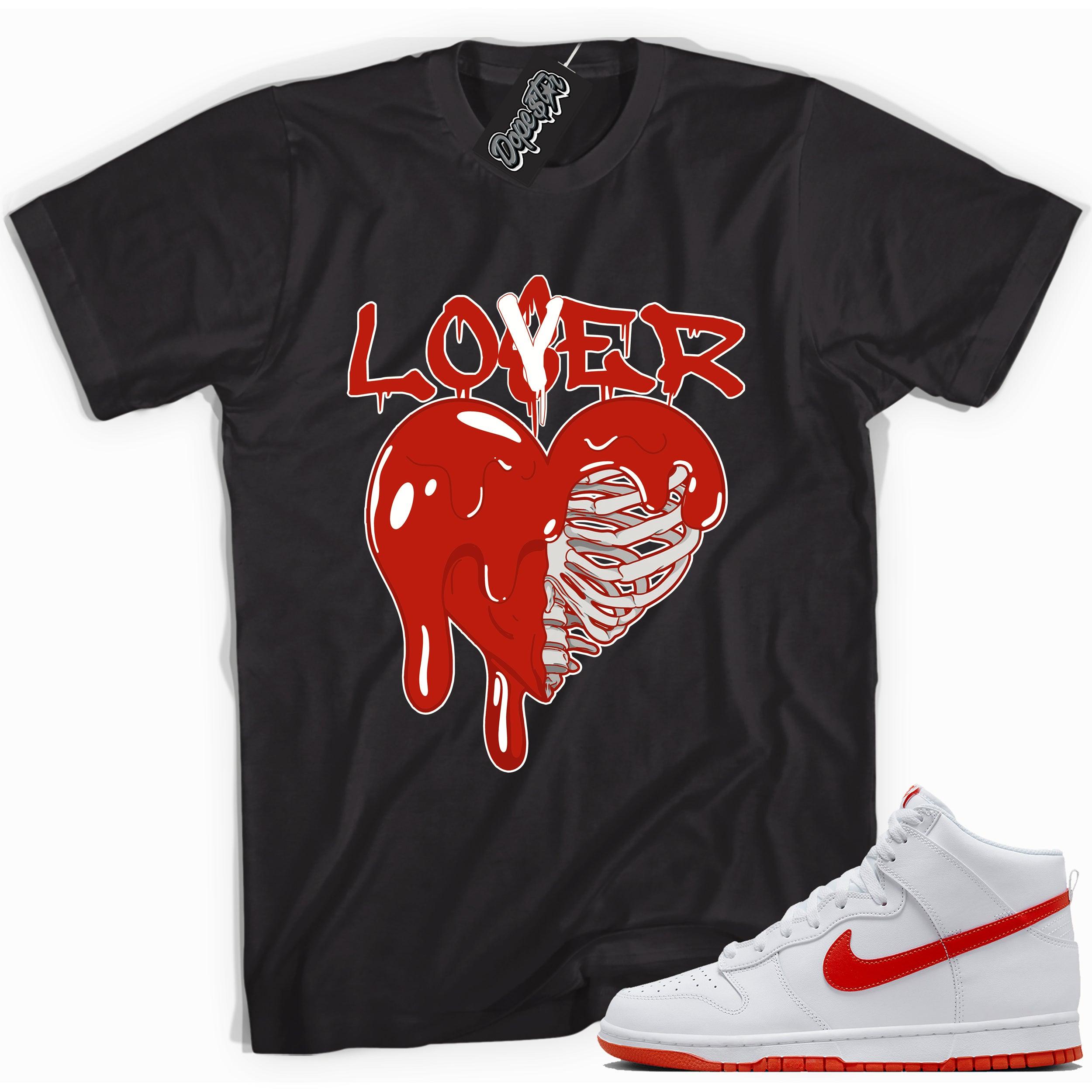 Cool black graphic tee with 'lover loser' print, that perfectly matches Nike Dunk High White Picante Red sneakers.