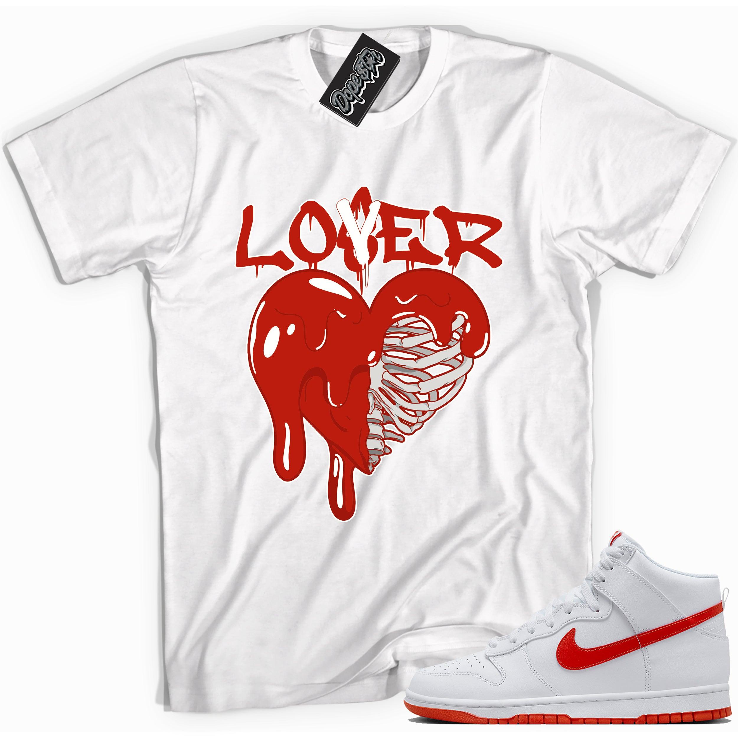 Cool white graphic tee with 'lover loser' print, that perfectly matches Nike Dunk High White Picante Red sneakers.