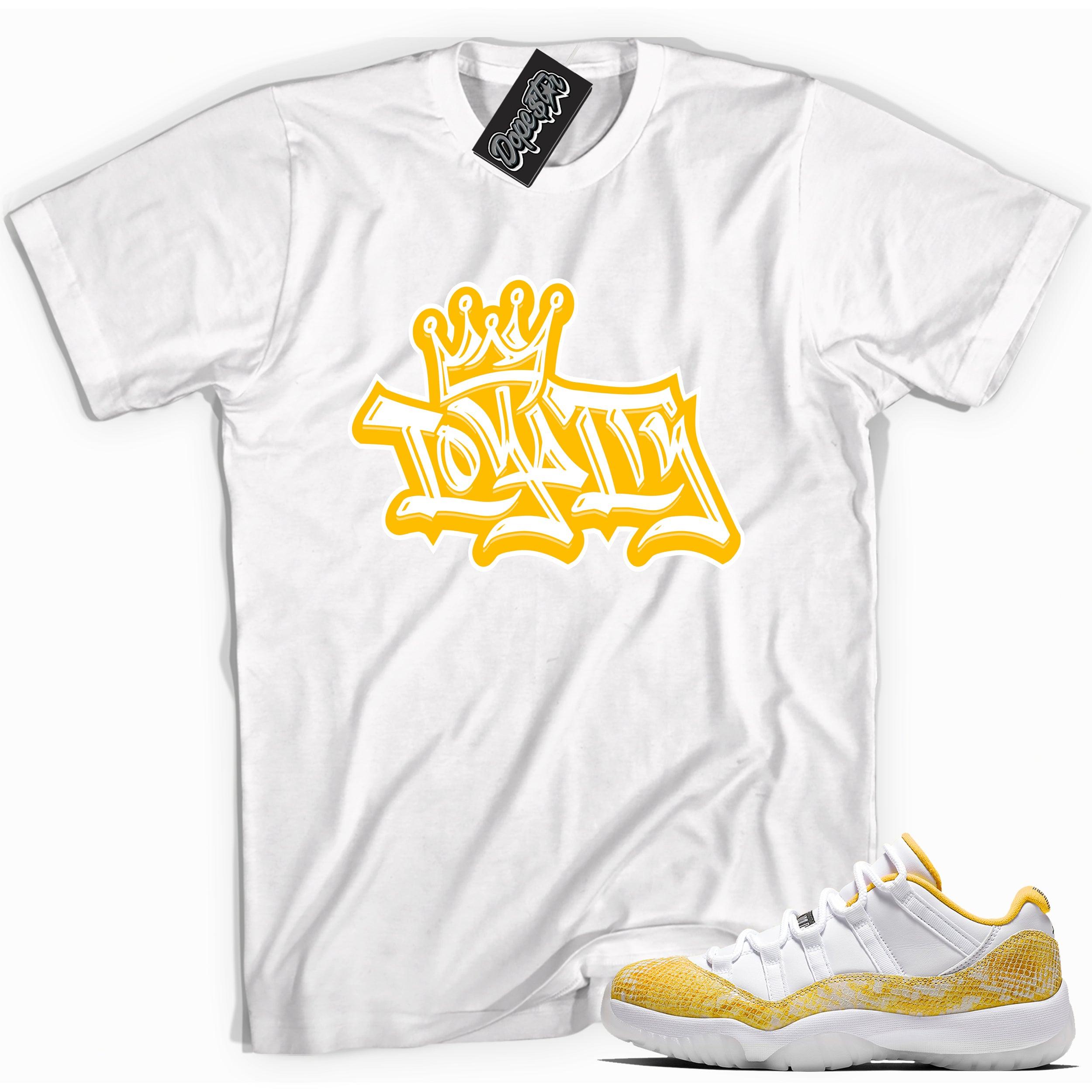 Cool white graphic tee with 'loyalty' print, that perfectly matches Air Jordan 11 Retro Low Yellow Snakeskin sneakers