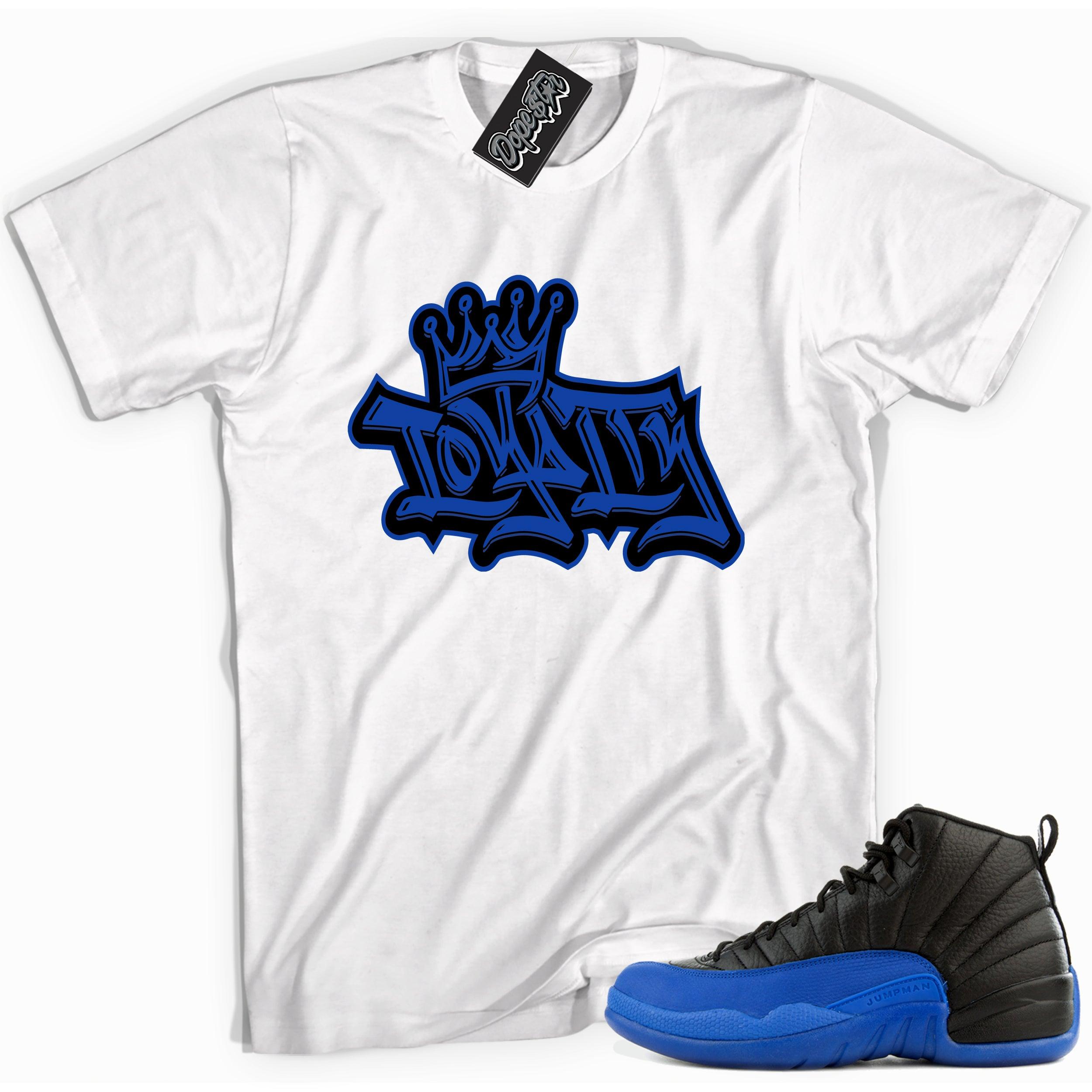 Cool white graphic tee with 'loyalty' print, that perfectly matches Air Jordan 12 Retro Black Game Royal sneakers.
