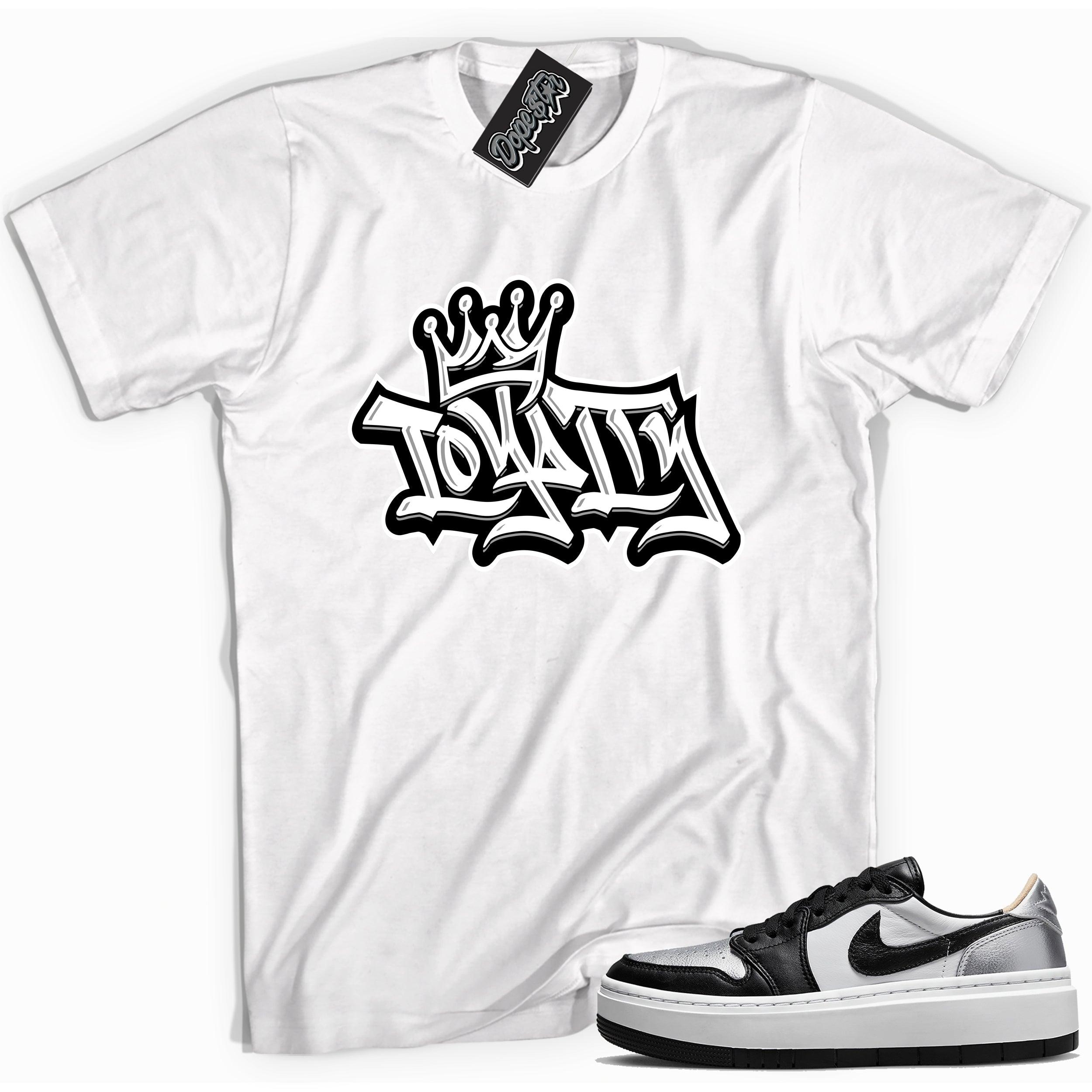 Cool white graphic tee with 'loyalty' print, that perfectly matches Air Jordan 1 Elevate Low SE Silver Toe sneakers.