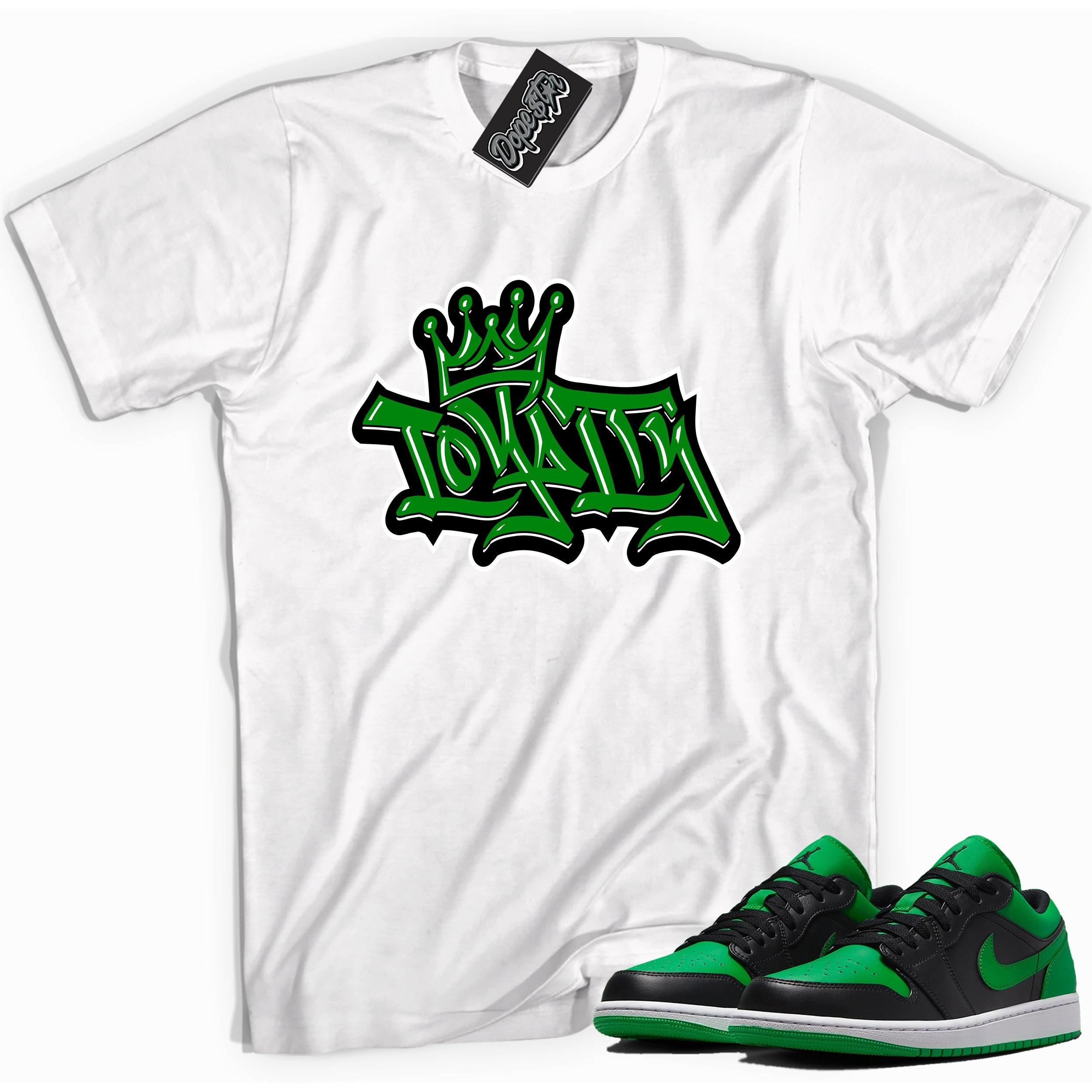 Cool white graphic tee with 'loyalty' print, that perfectly matches Air Jordan 1 Low Lucky Green sneakers