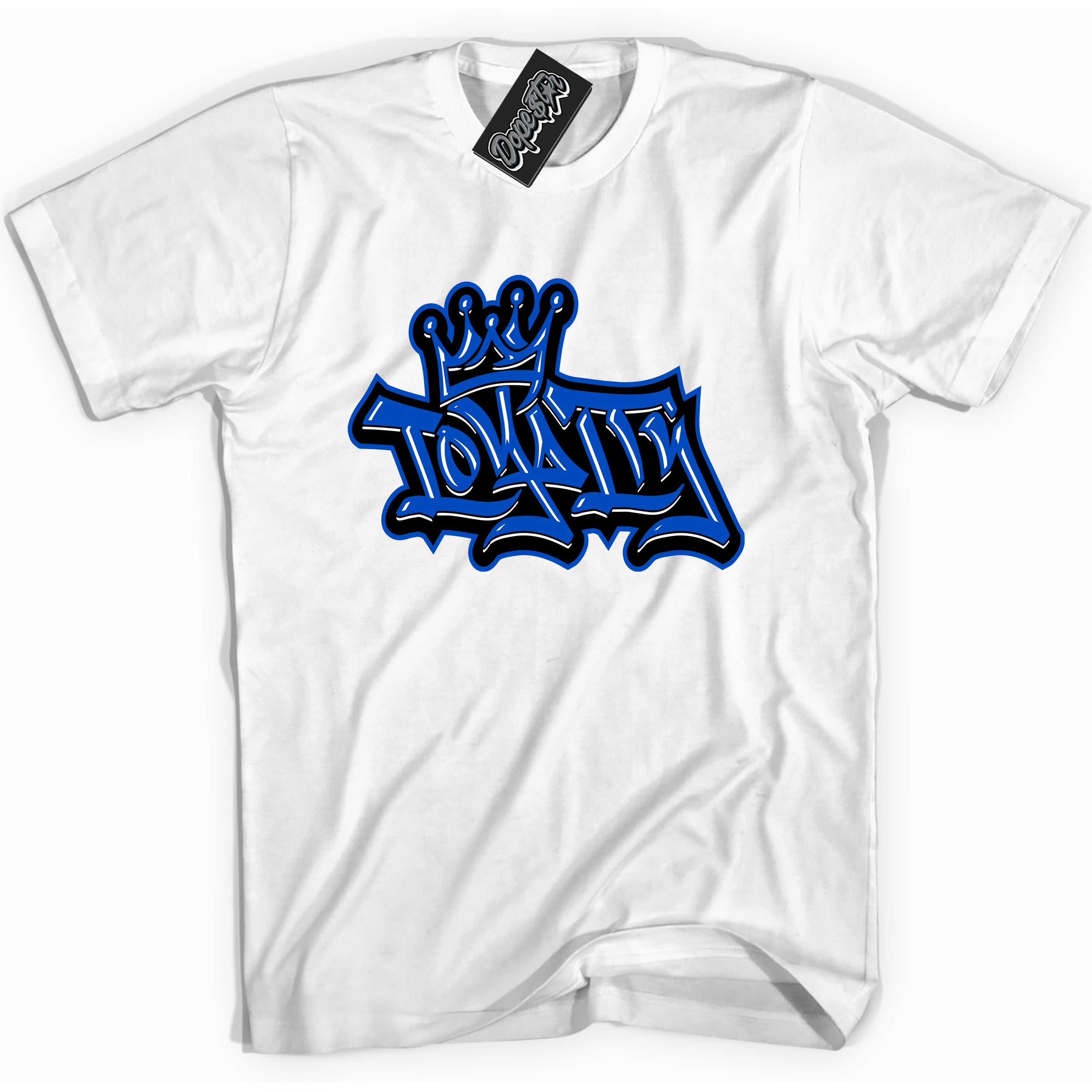 Cool White graphic tee with Loyalty Crown print, that perfectly matches OG Royal Reimagined 1s sneakers 