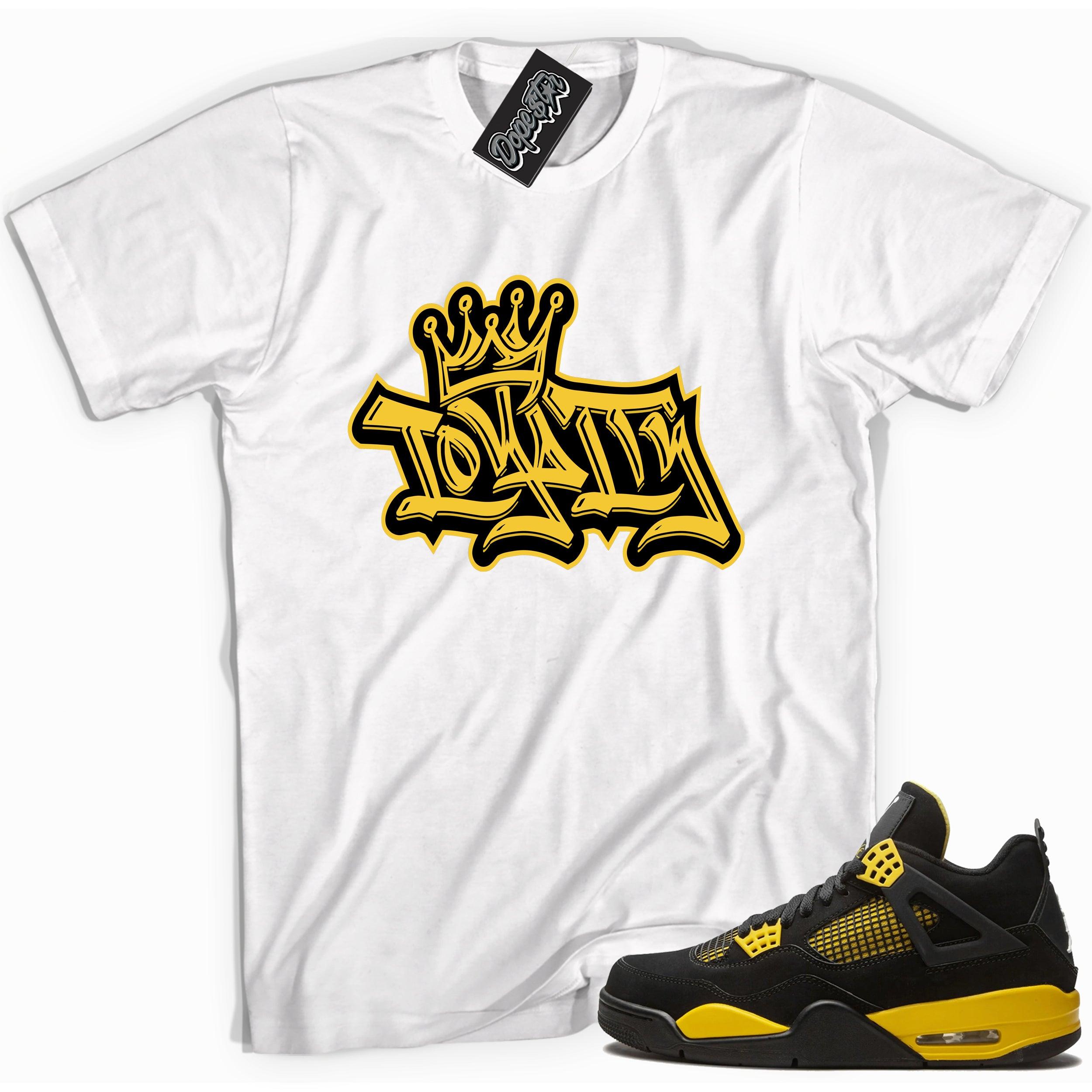Cool white graphic tee with 'loyalty crown' print, that perfectly matches Air Jordan 4 Thunder sneakers
