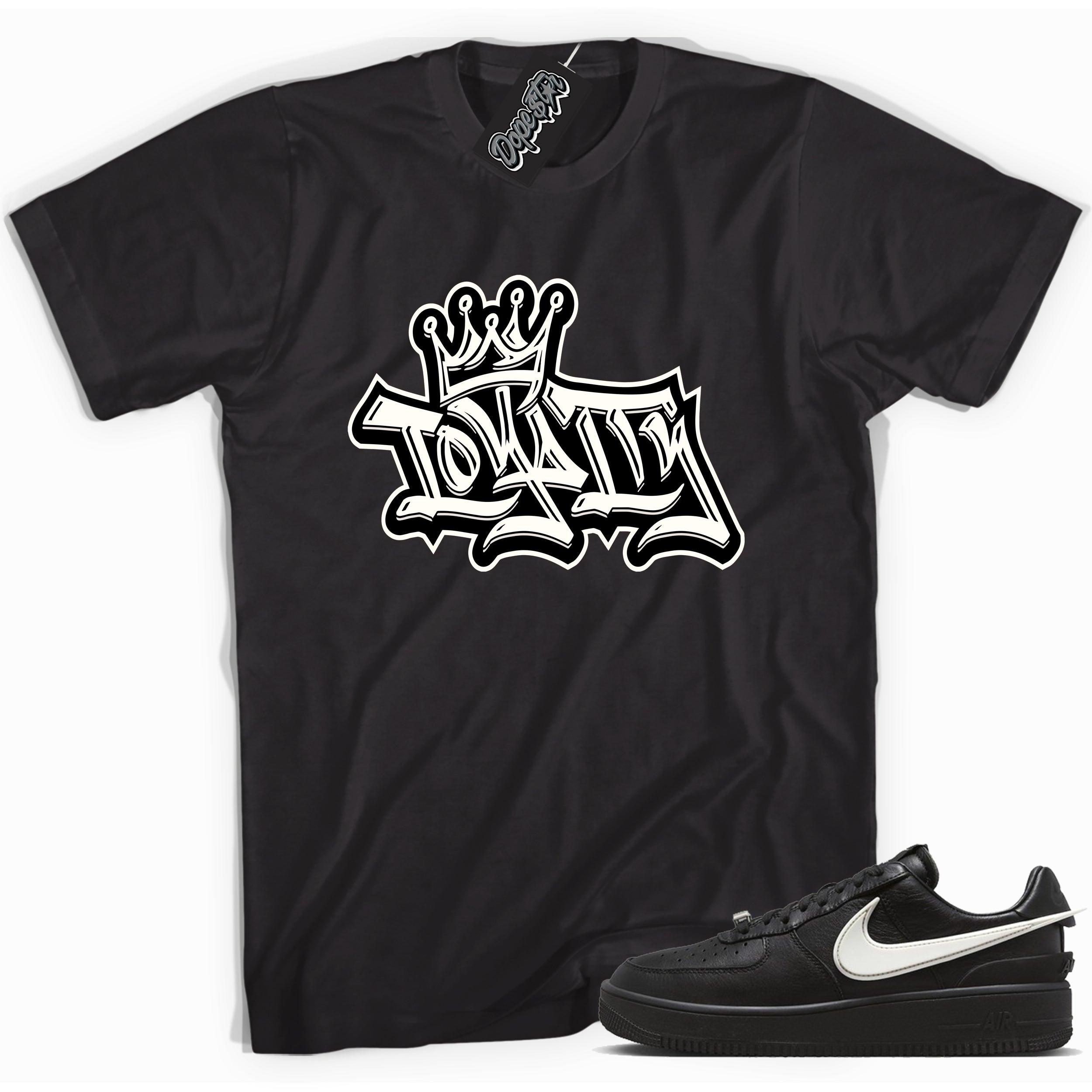 Cool black graphic tee with 'loyalty ' print, that perfectly matches Nike Air Force 1 Low SP Ambush Phantom sneakers.