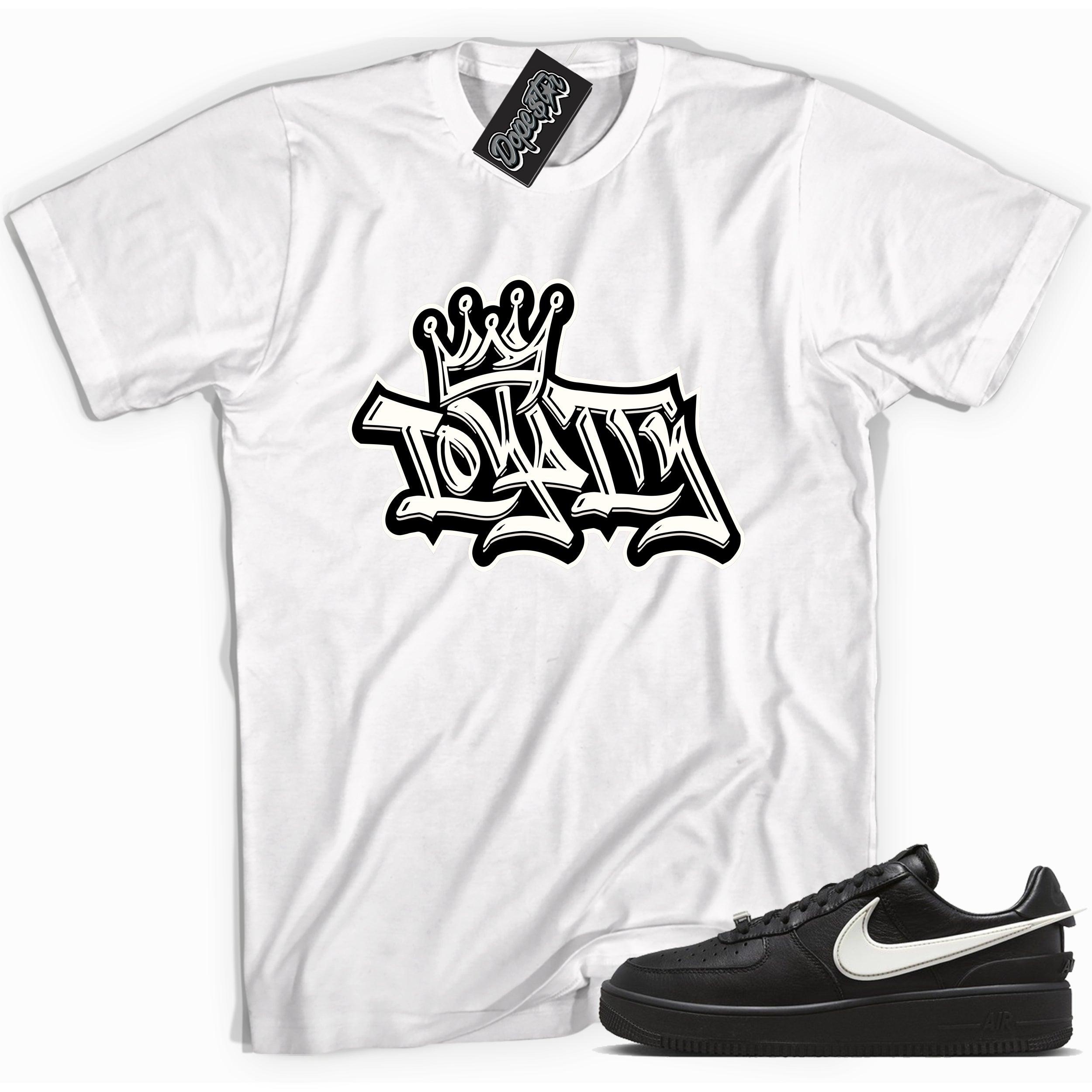 Cool white graphic tee with 'loyalty ' print, that perfectly matches Nike Air Force 1 Low SP Ambush Phantom sneakers.