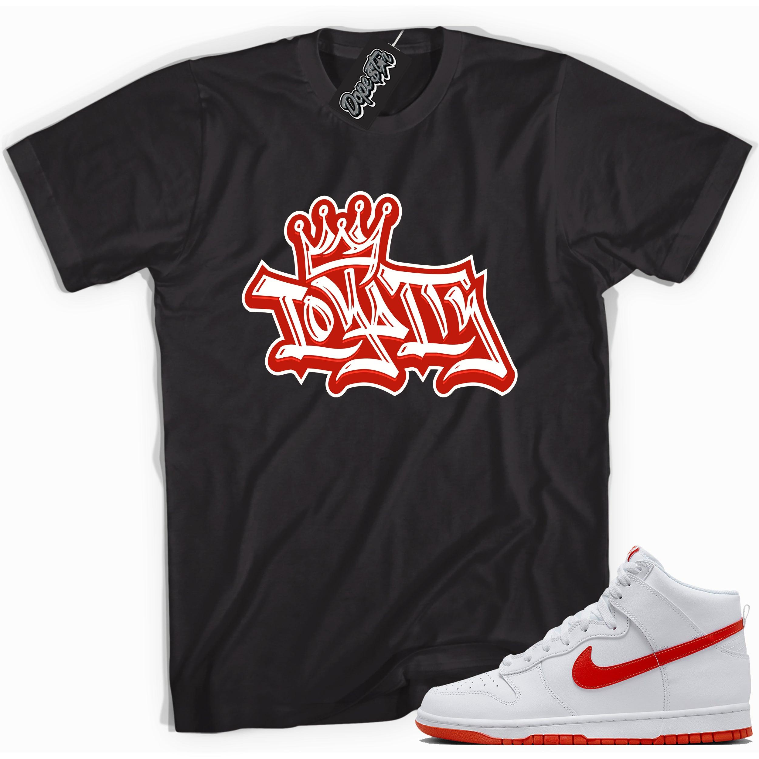 Cool black graphic tee with 'loyalty' print, that perfectly matches Nike Dunk High White Picante Red sneakers.