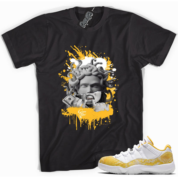 Cool black graphic tee with 'medusa' print, that perfectly matches  Air Jordan 11 Retro Low Yellow Snakeskin sneakers