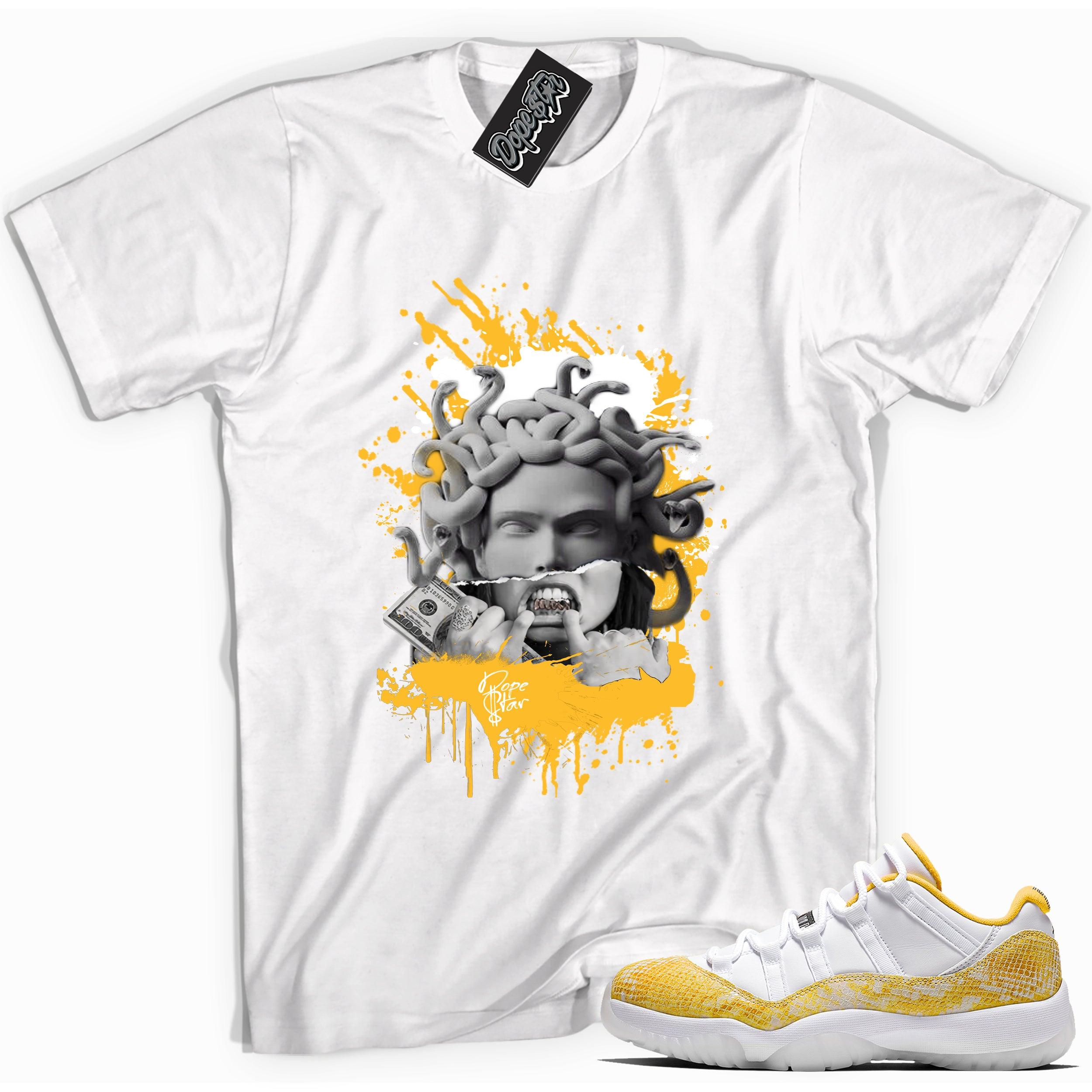 Cool white graphic tee with 'medusa' print, that perfectly matches Air Jordan 11 Retro Low Yellow Snakeskin sneakers