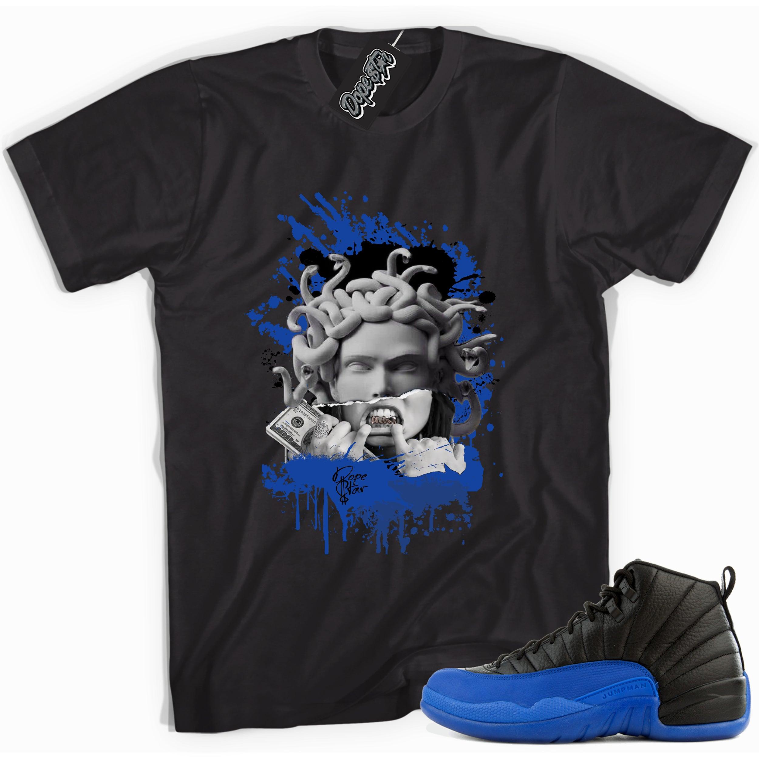 Cool black graphic tee with 'medusa' print, that perfectly matches  Air Jordan 12 Retro Black Game Royal sneakers.
