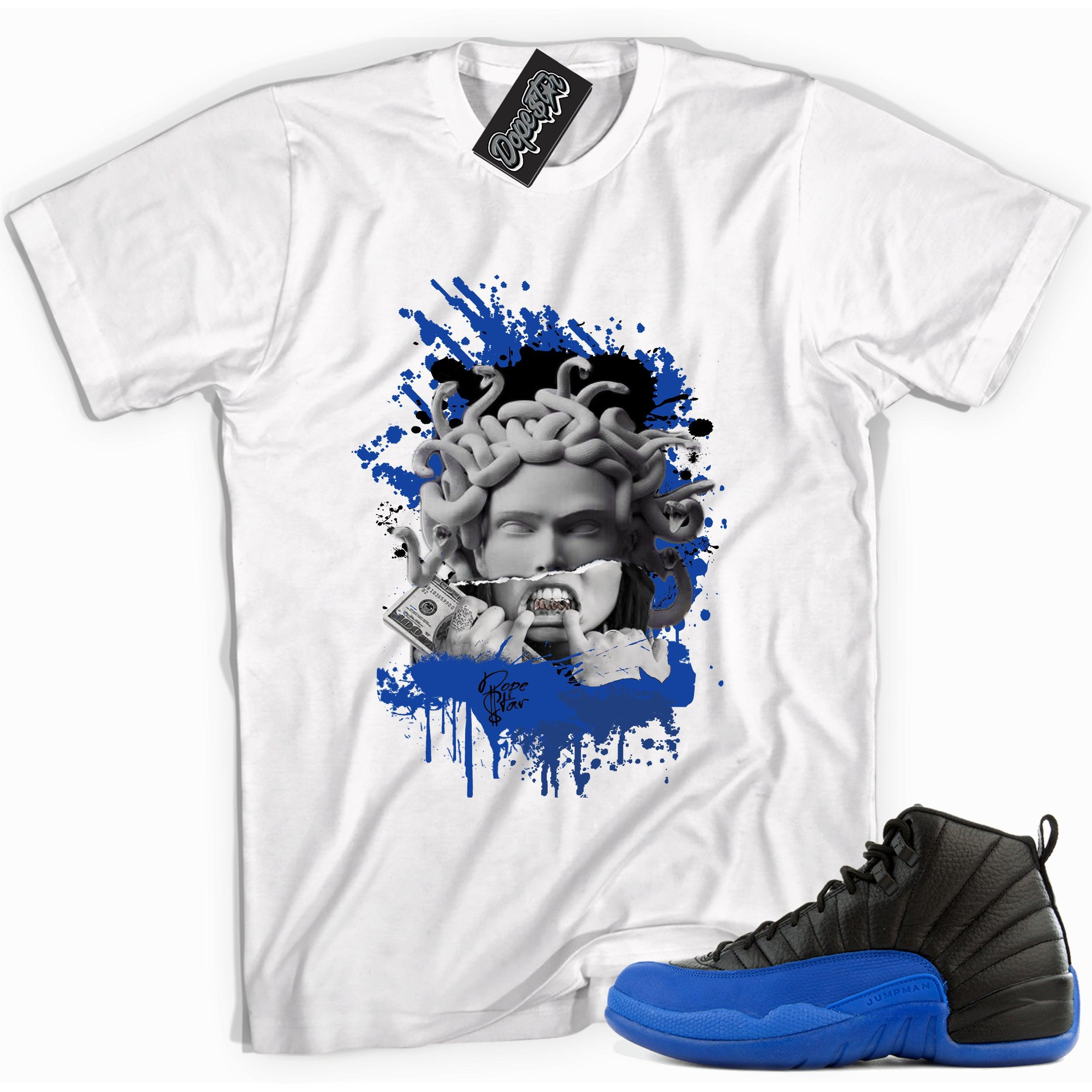 Cool white graphic tee with 'medusa' print, that perfectly matches Air Jordan 12 Retro Black Game Royal sneakers.