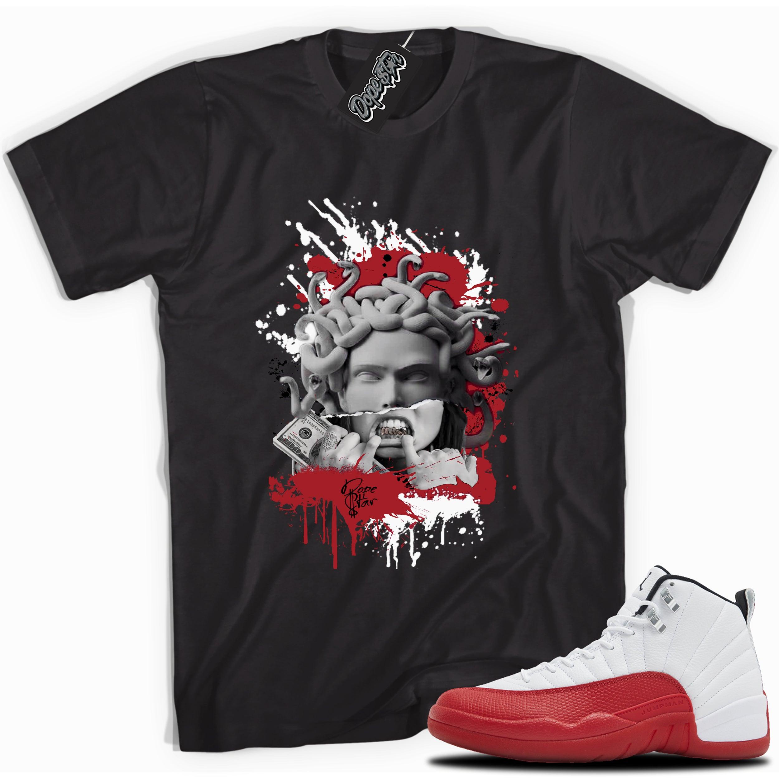 Cool Black graphic tee with “ MEDUSA ” print, that perfectly matches Air Jordan 12 Retro Cherry Red 2023 red and white sneakers 